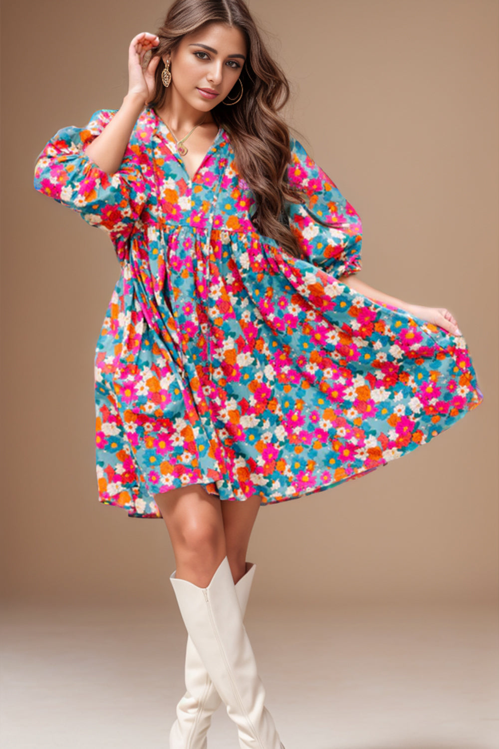 Floral Tie Neck Puff Sleeve Mini Dress BLUE ZONE PLANET
