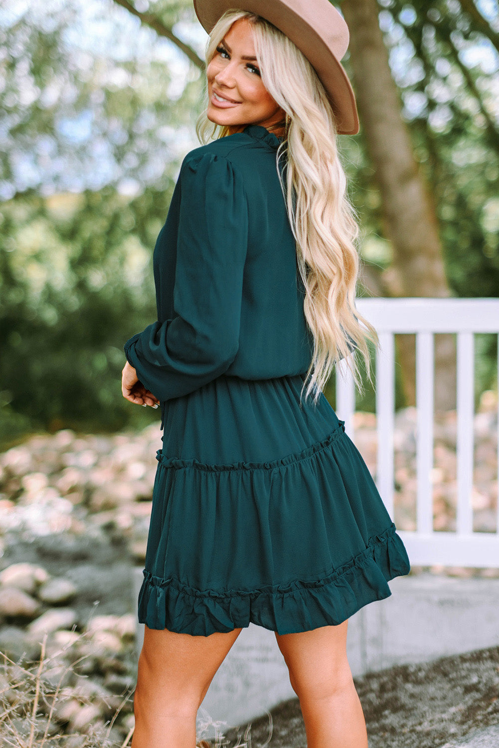 Blue Zone Planet | Janet's Frill Tie Neck Balloon Sleeve Mini Dress BLUE ZONE PLANET