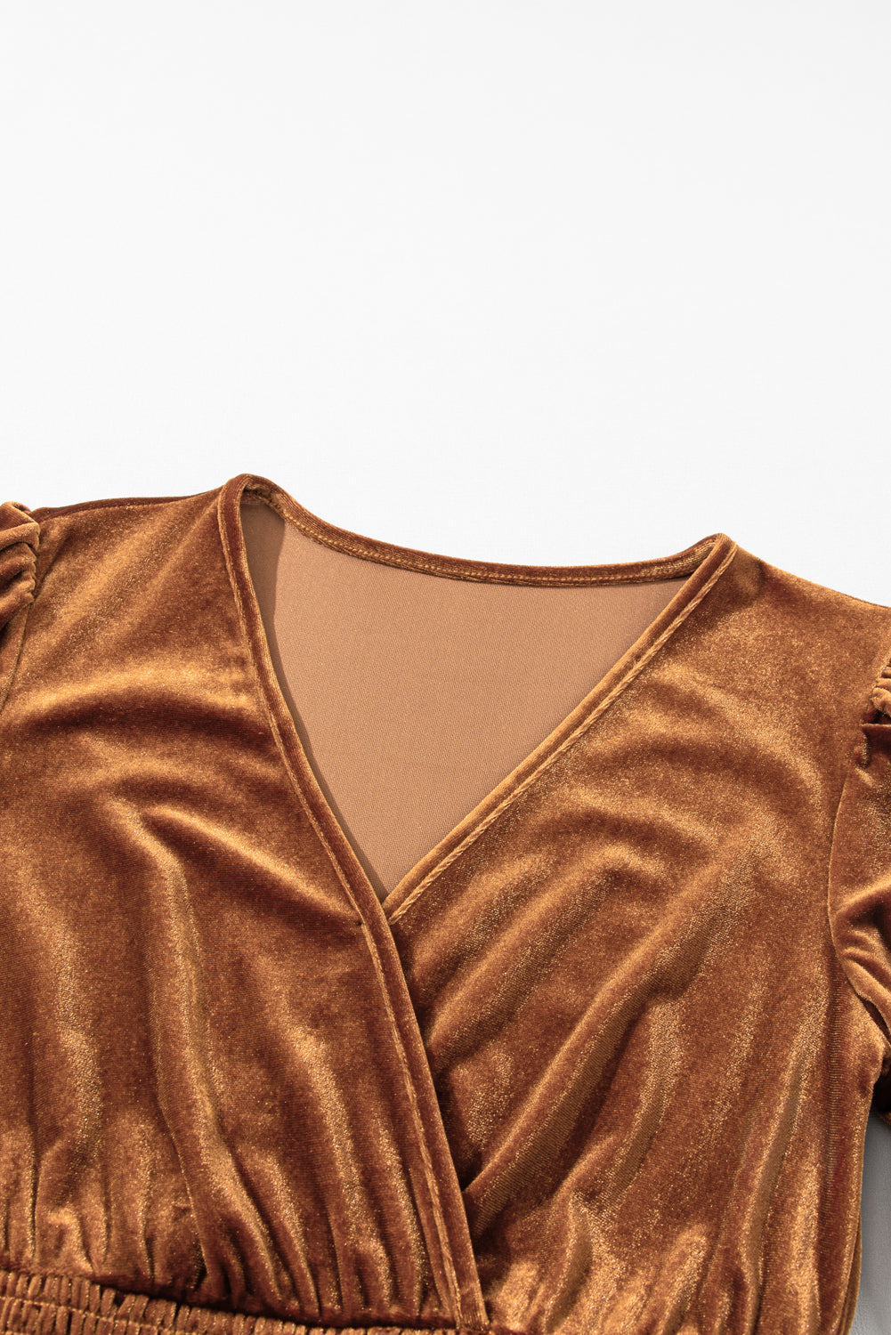 Camel Wrap V Neck Smocked High Waist Velvet Midi Dress Blue Zone Planet