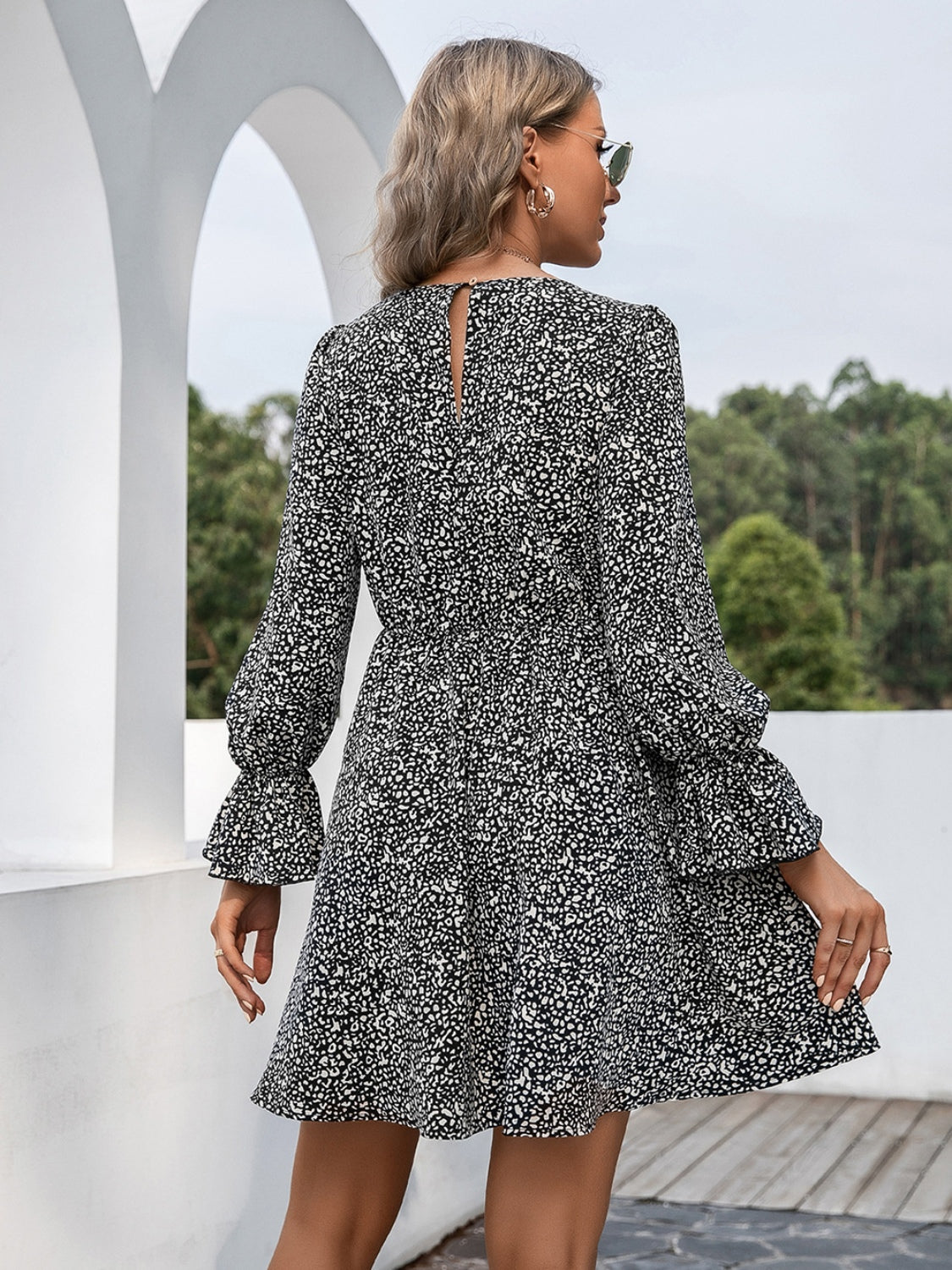 Blue Zone Planet | Decorative Button V-Neck Flounce Sleeve Dress BLUE ZONE PLANET