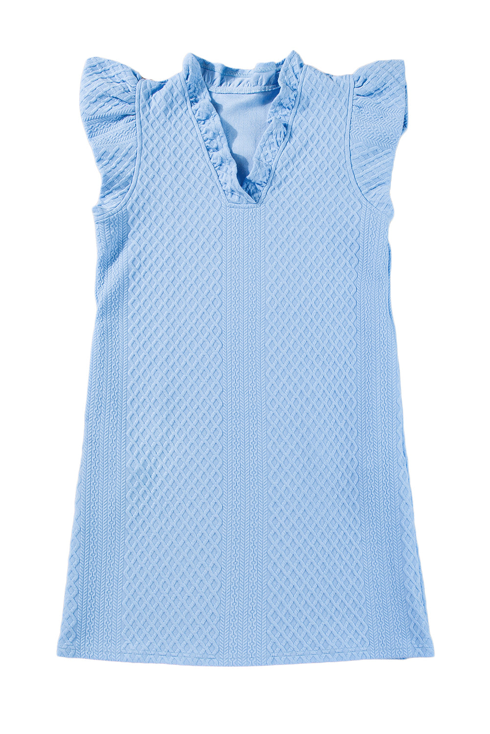 Light Blue Textured Puff Sleeve Ruffled V Neck Shift Mini Dress Blue Zone Planet