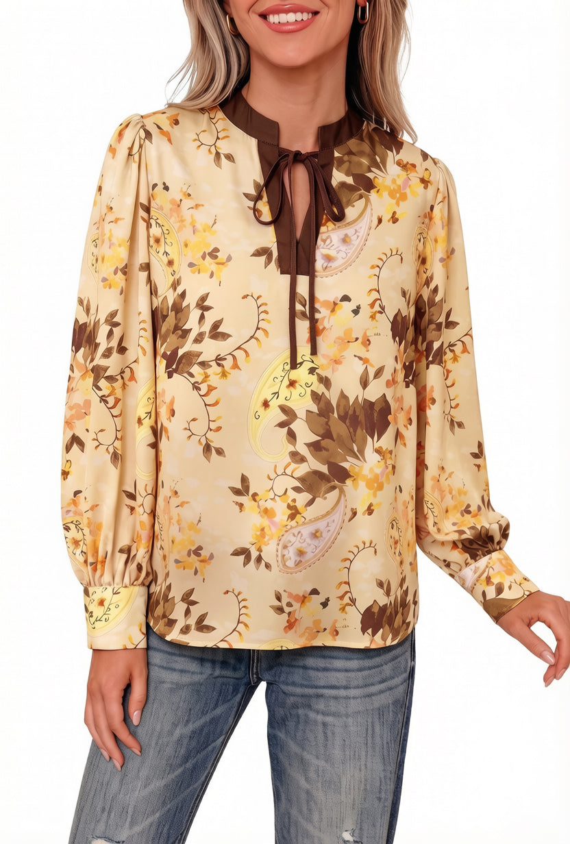 Khaki Paisley Print Tie Neck Long Sleeve Blouse