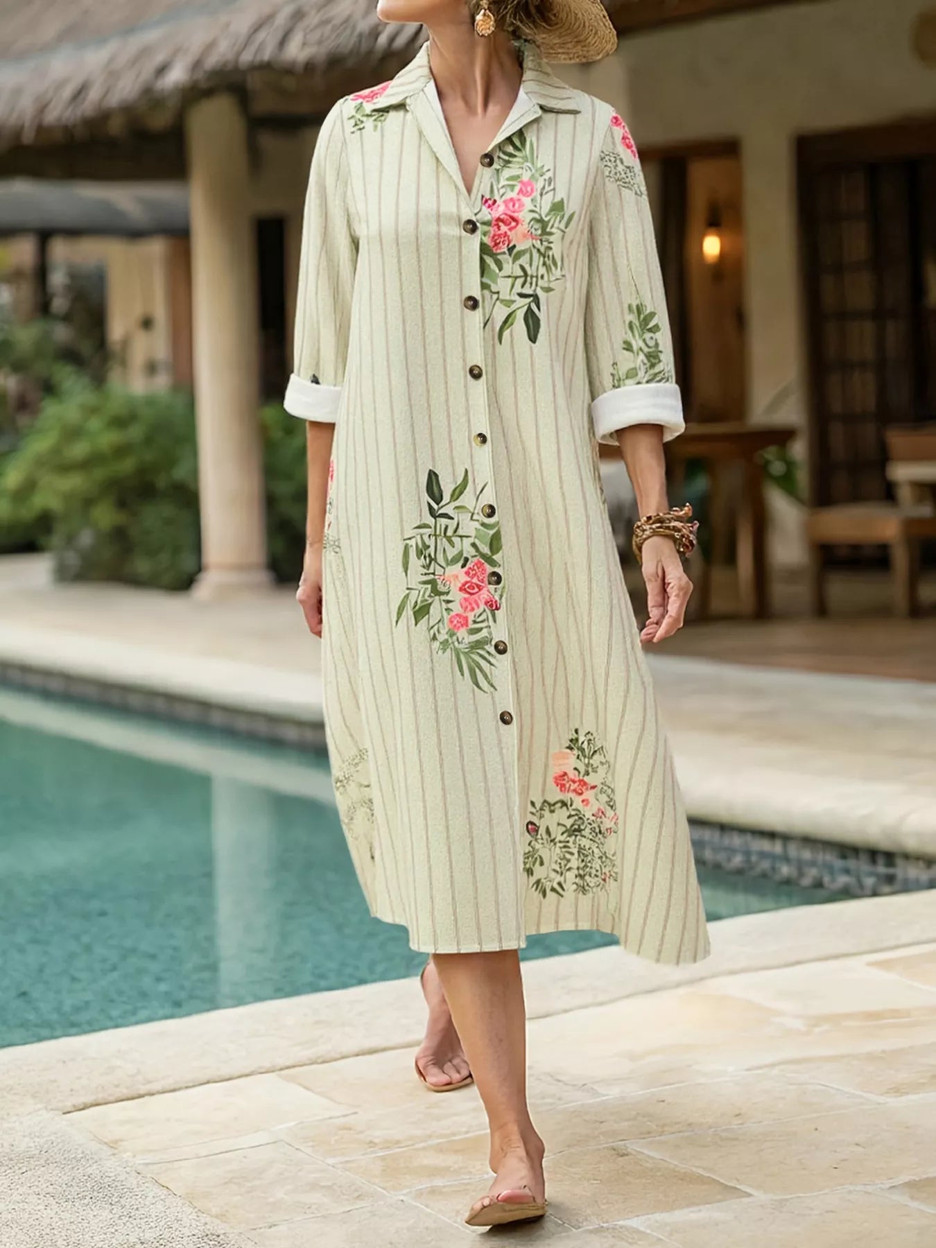 Plus Size Floral Striped Button-Down Midi Shirt Dress Cream / 2XL Plus Size Floral Striped Button-Down Midi Shirt Dress Cream / 2XL