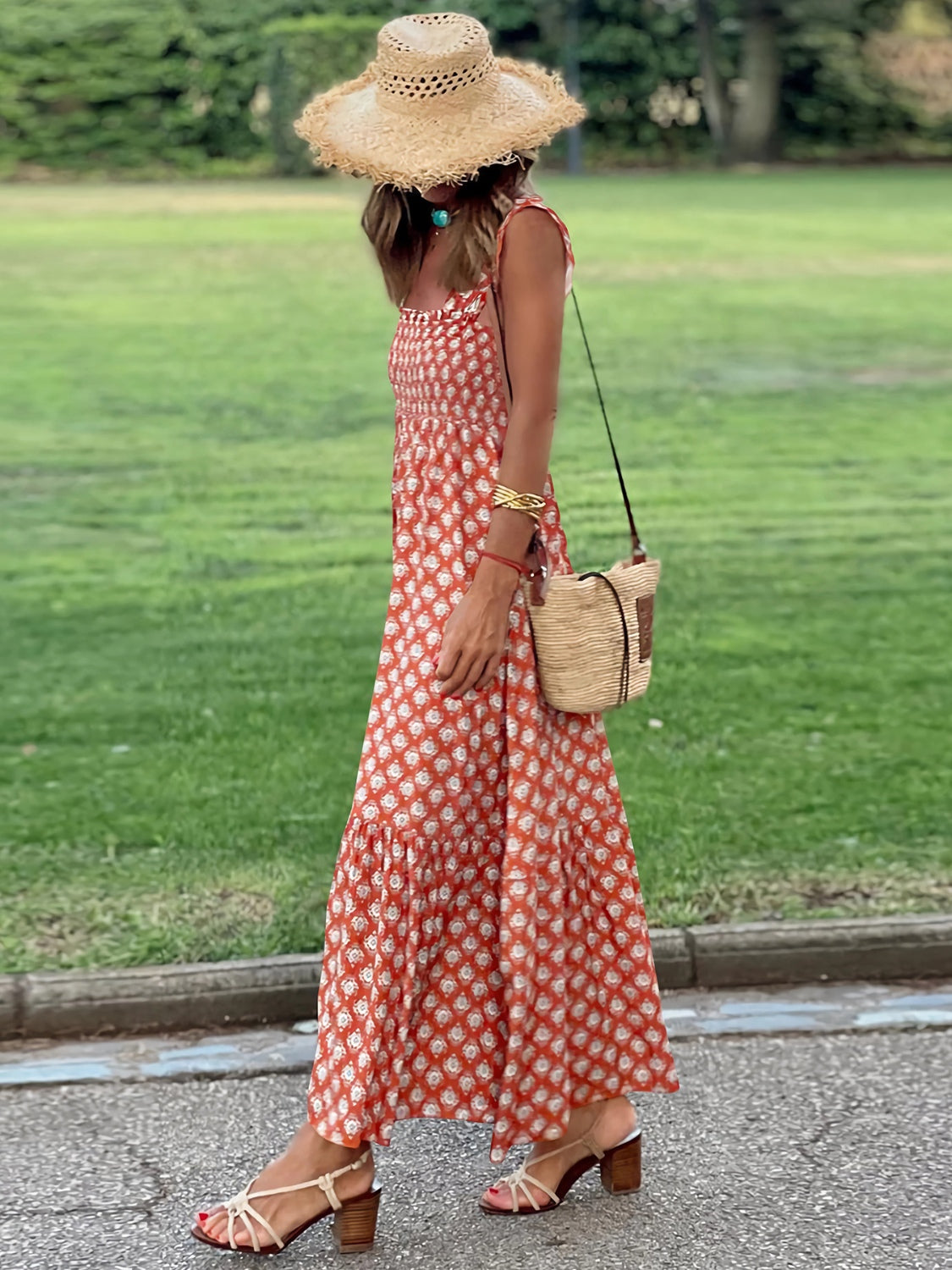 Smocked Printed Square Neck Sleeveless Dress BLUE ZONE PLANET