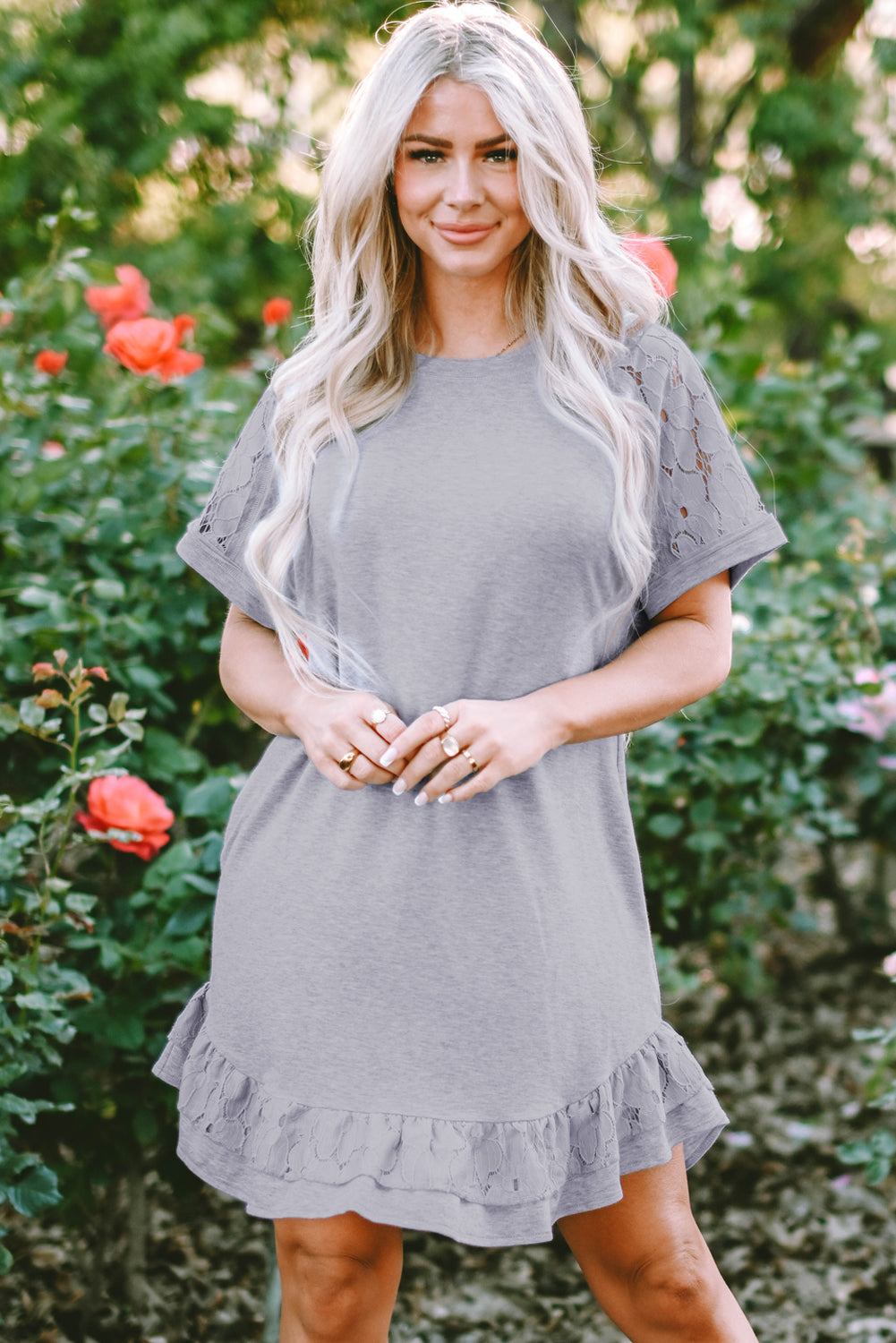 Light Grey Lace Floral Patchwork Ruffled T-shirt Dress Blue Zone Planet