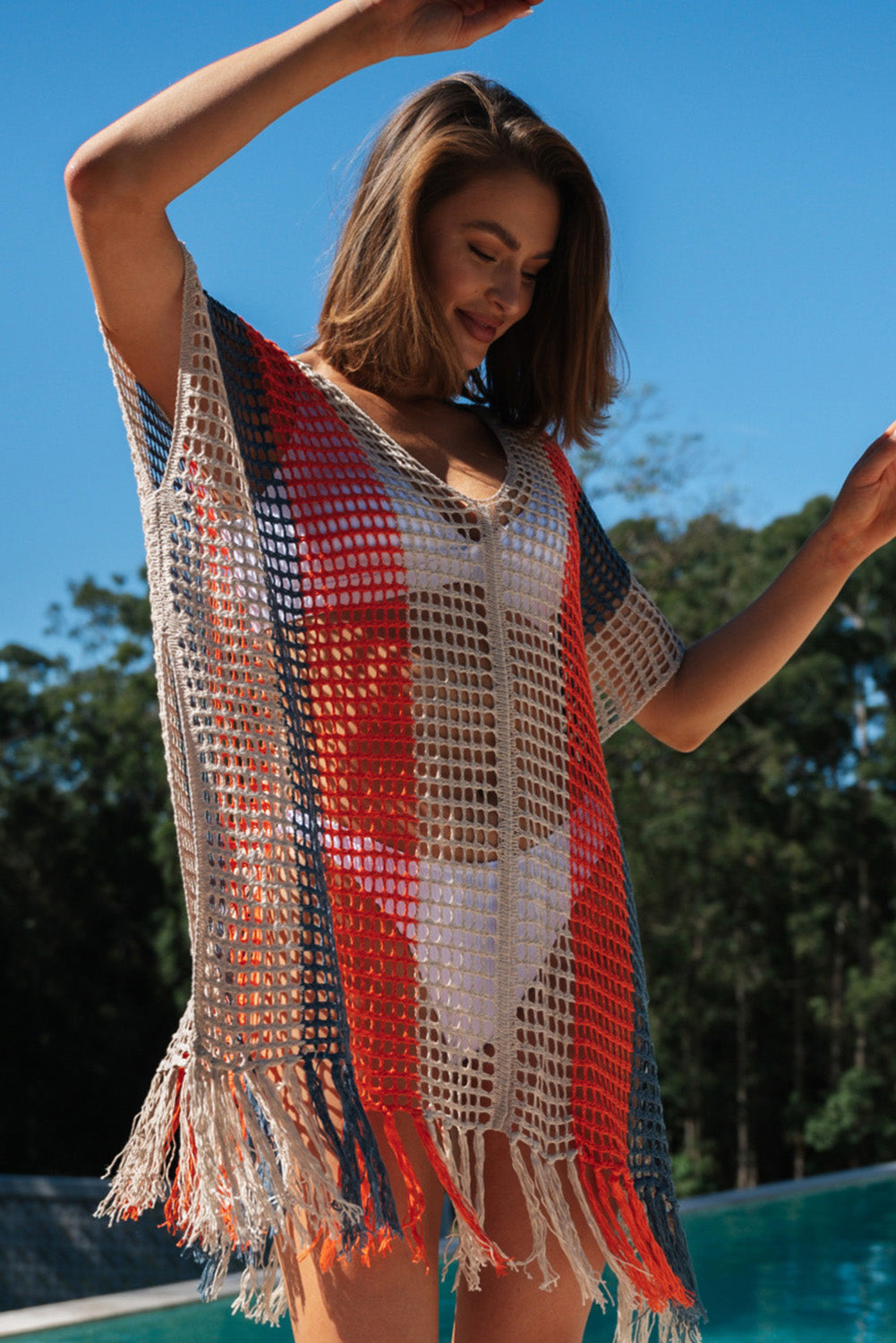 Blue Zone Planet | Multicolor Striped Tassel Crochet V Neck Beach Cover Up Blue Zone Planet