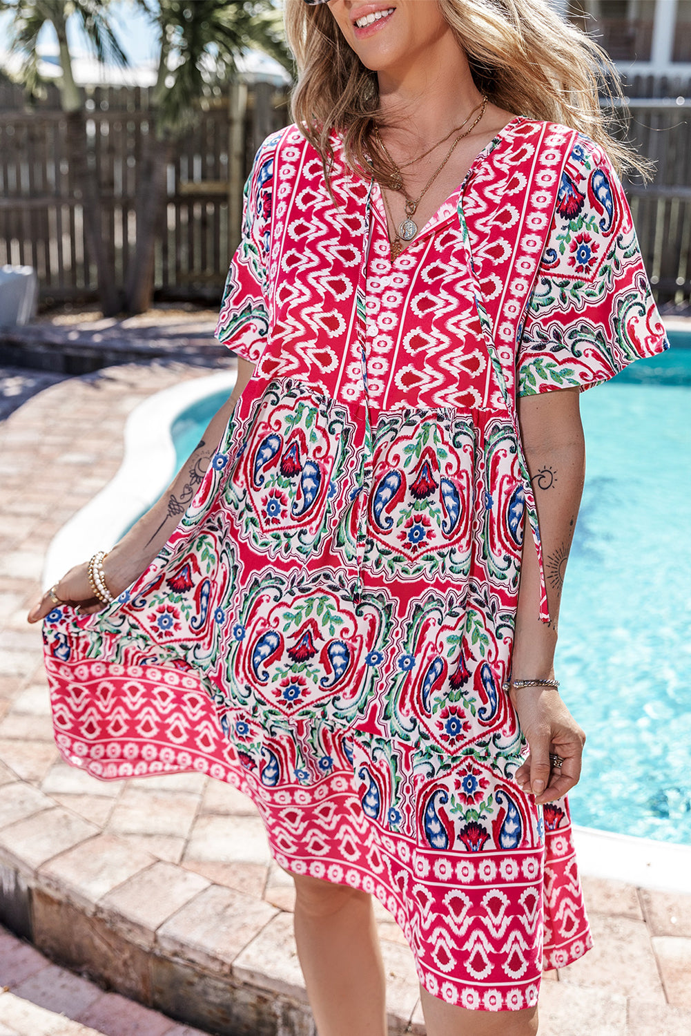 Blue Zone Planet | Pink Bohemian Print Tie Neck Ruffle Hem Short Dress Blue Zone Planet