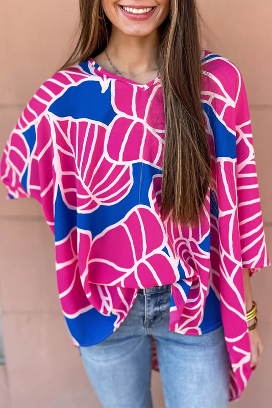 Blue Zone Planet |  Rose Red Floral Print 3/4 Sleeve V Neck Baggy Blouse Blue Zone Planet
