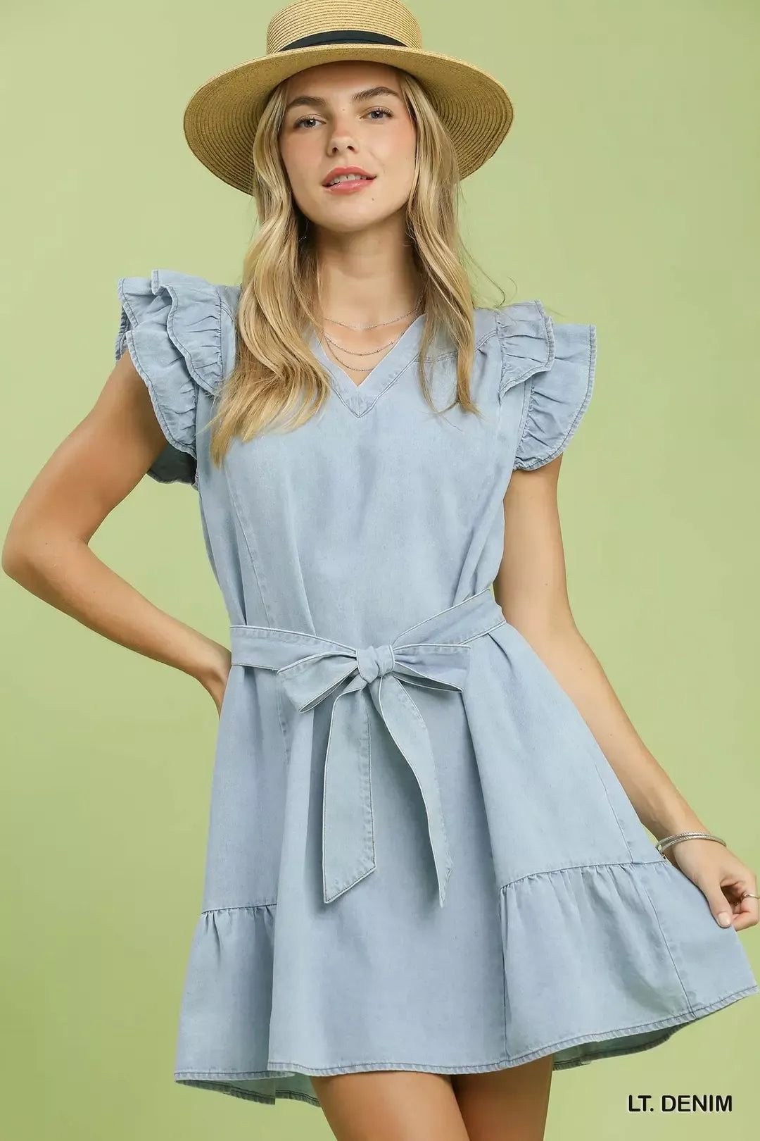 umgee denim dress Umgee Chambray Ruffled Denim Dress with Side Pockets LT. Denim / L