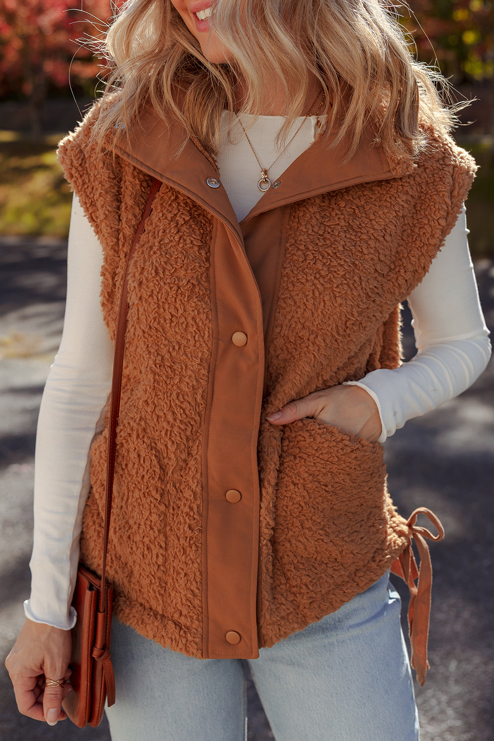 Cinnamon Faux Fur Snap Button Front Knot Side Plush Vest With Pockets