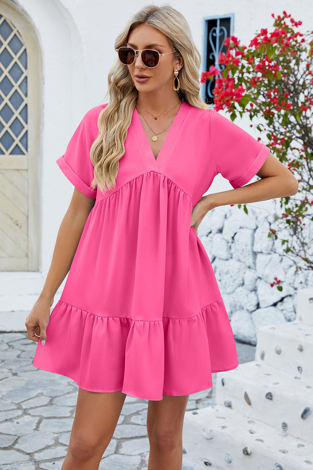 Blue Zone Planet | Ruched Tiered V-Neck Short Sleeve Mini Dress BLUE ZONE PLANET