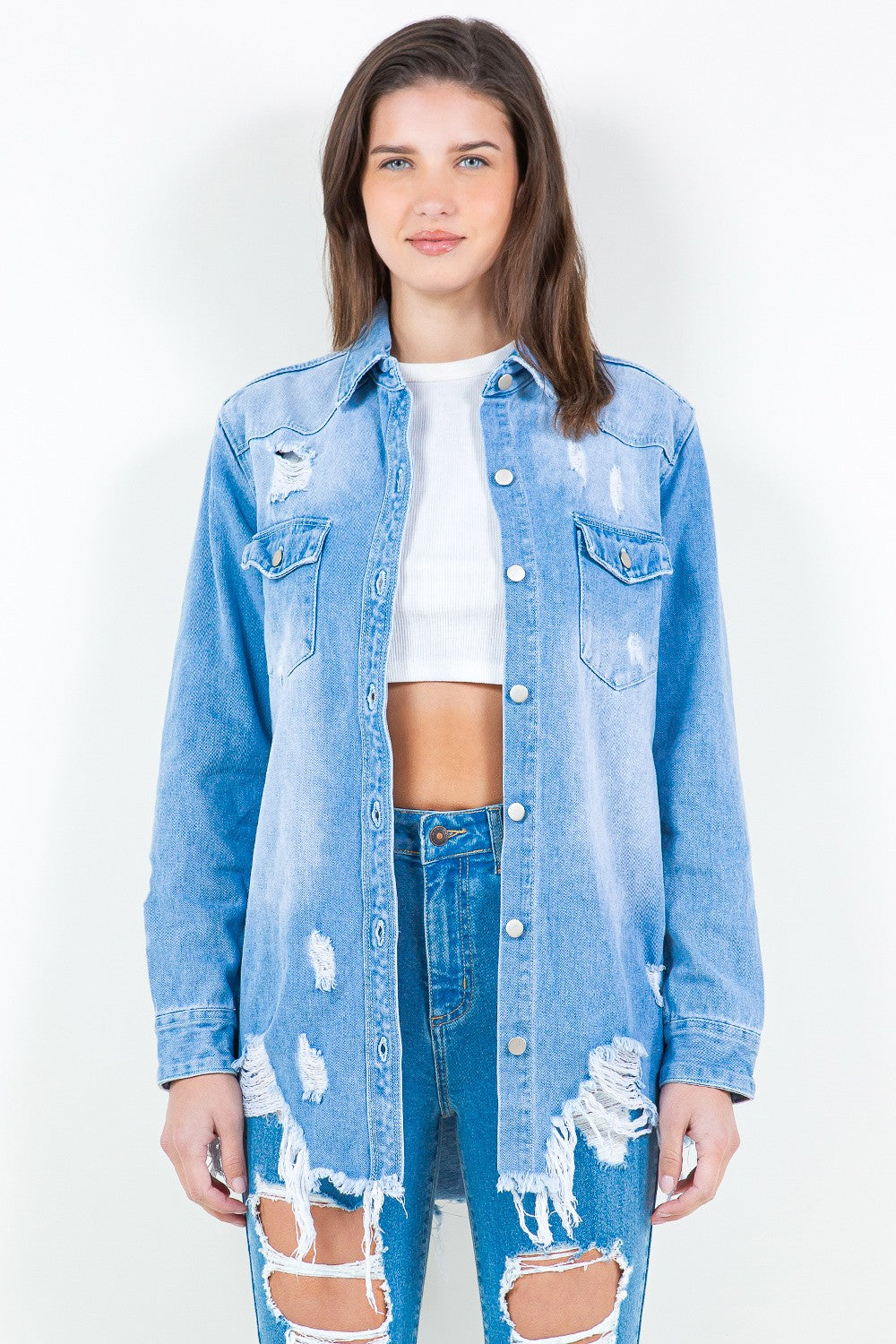 Blue Zone Planet | American Bazi Frayed Hem Distressed Denim Shirt Jacket BLUE ZONE PLANET