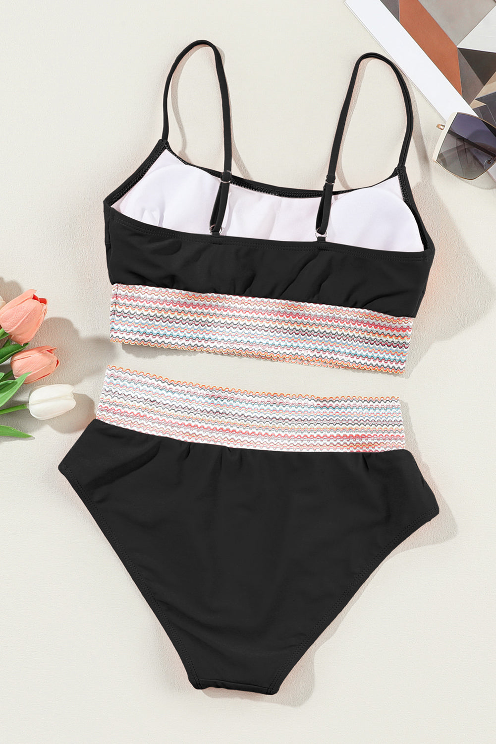 Blue Zone Planet | Black Striped Patchwork Spaghetti Strap High Waist Bikini Swimsuit Blue Zone Planet