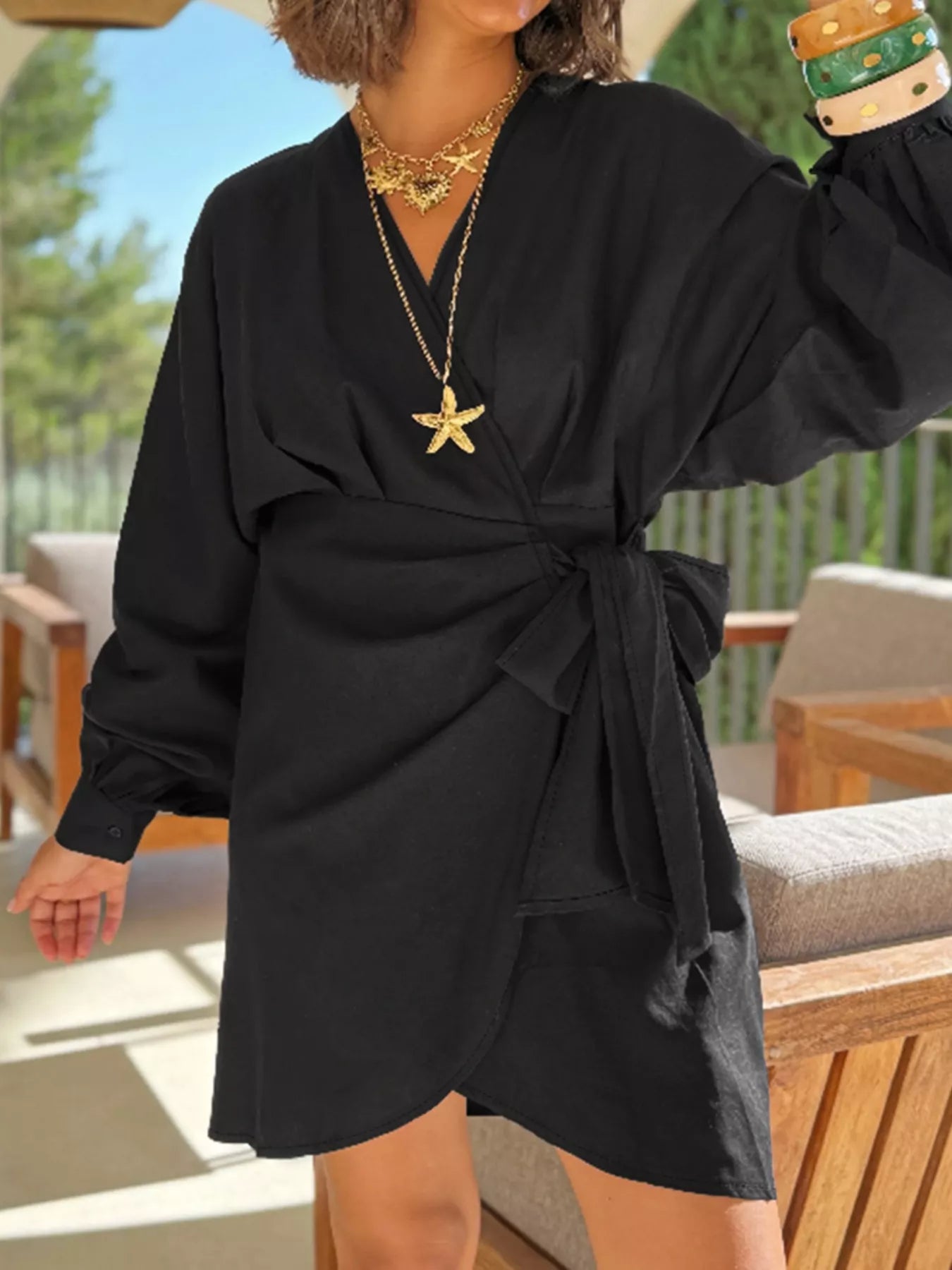 mini wrap dress plus size Plus Size Surplice Long Sleeve Wrap Mini Dress Black / 4XL by Blue Zone Planet