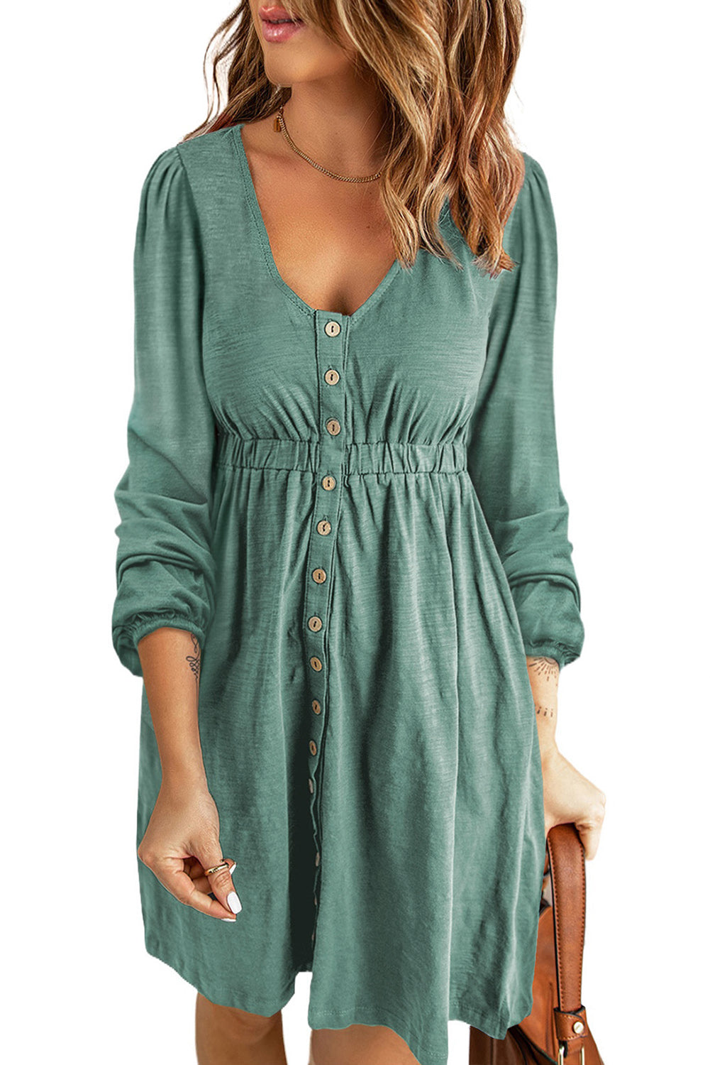 Yellow Button Up High Waist Long Sleeve Dress Blue Zone Planet
