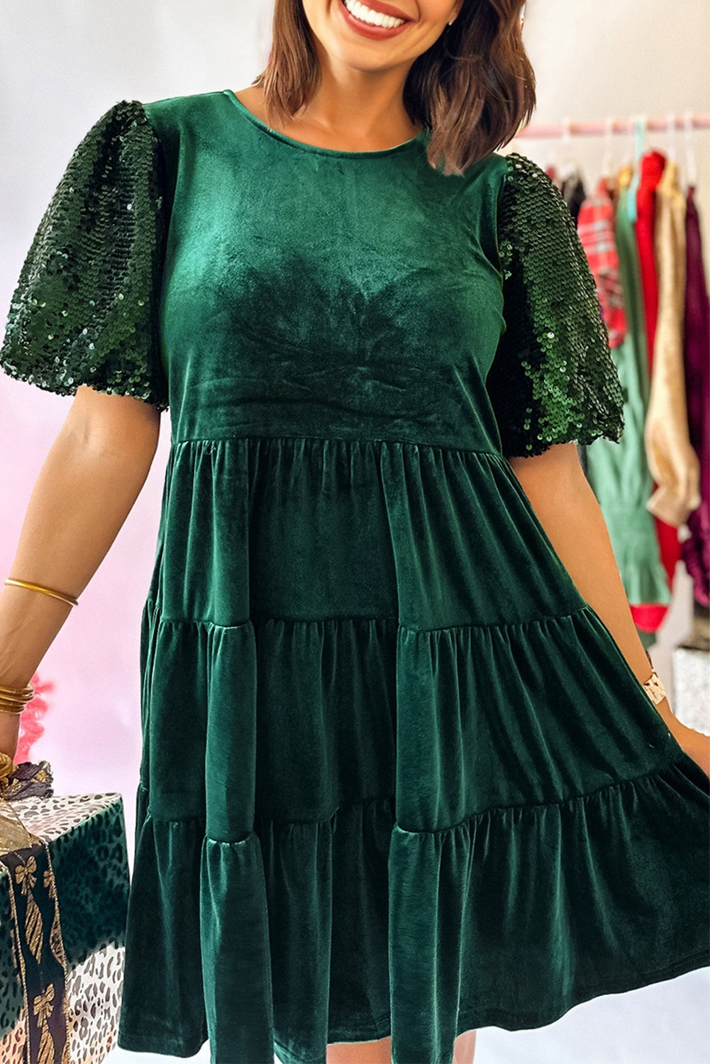 Emerald Sequin Puff Sleeve High Waist Tiered Velvet Mini Dress Emerald / L / 95%Polyester+5%Elastane Emerald Sequin Puff Sleeve High Waist Tiered Velvet Mini Dress Emerald / L / 95%Polyester+5%Elastane