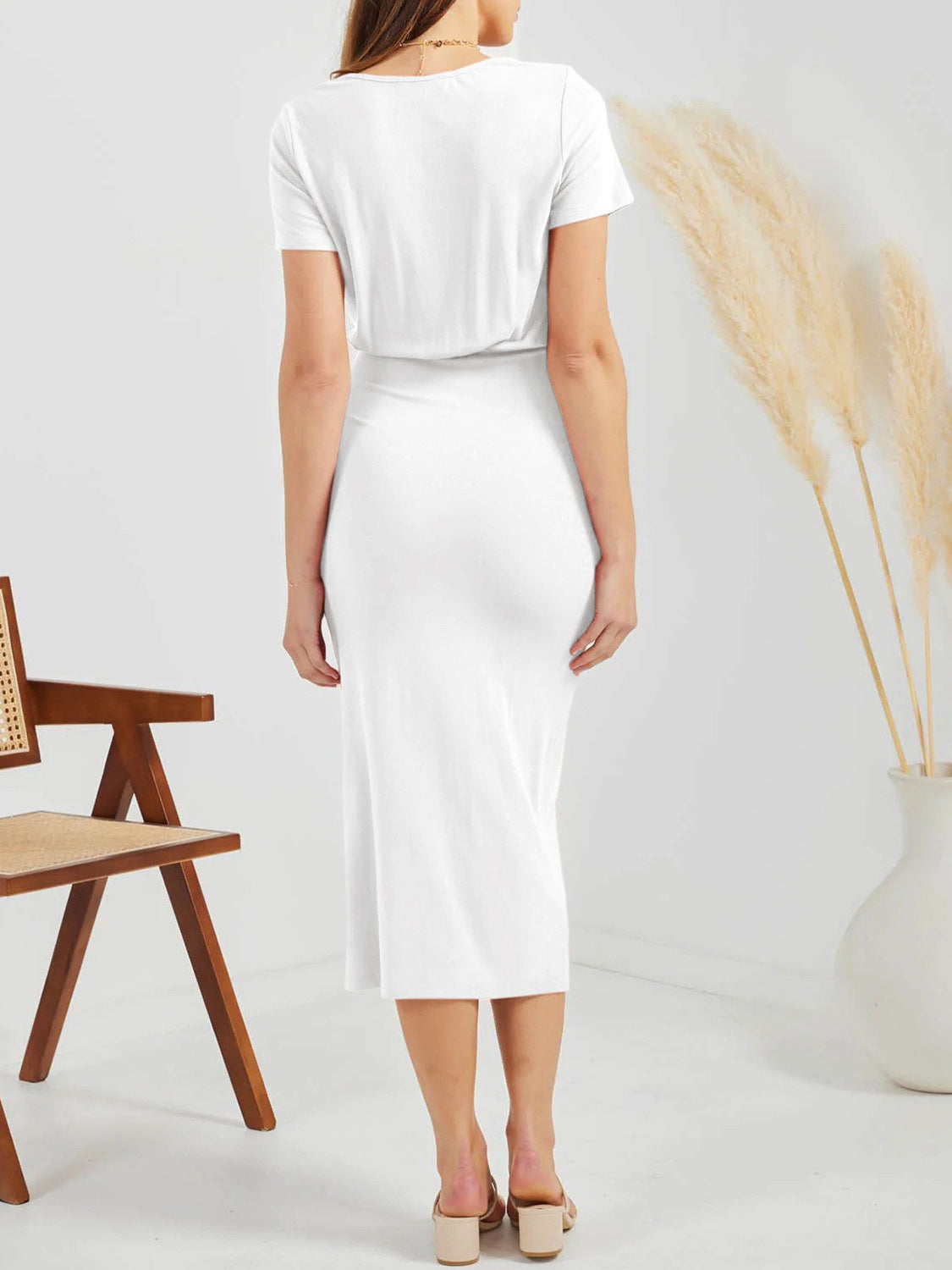 Ruched Slit V-Neck Short Sleeve Dress BLUE ZONE PLANET