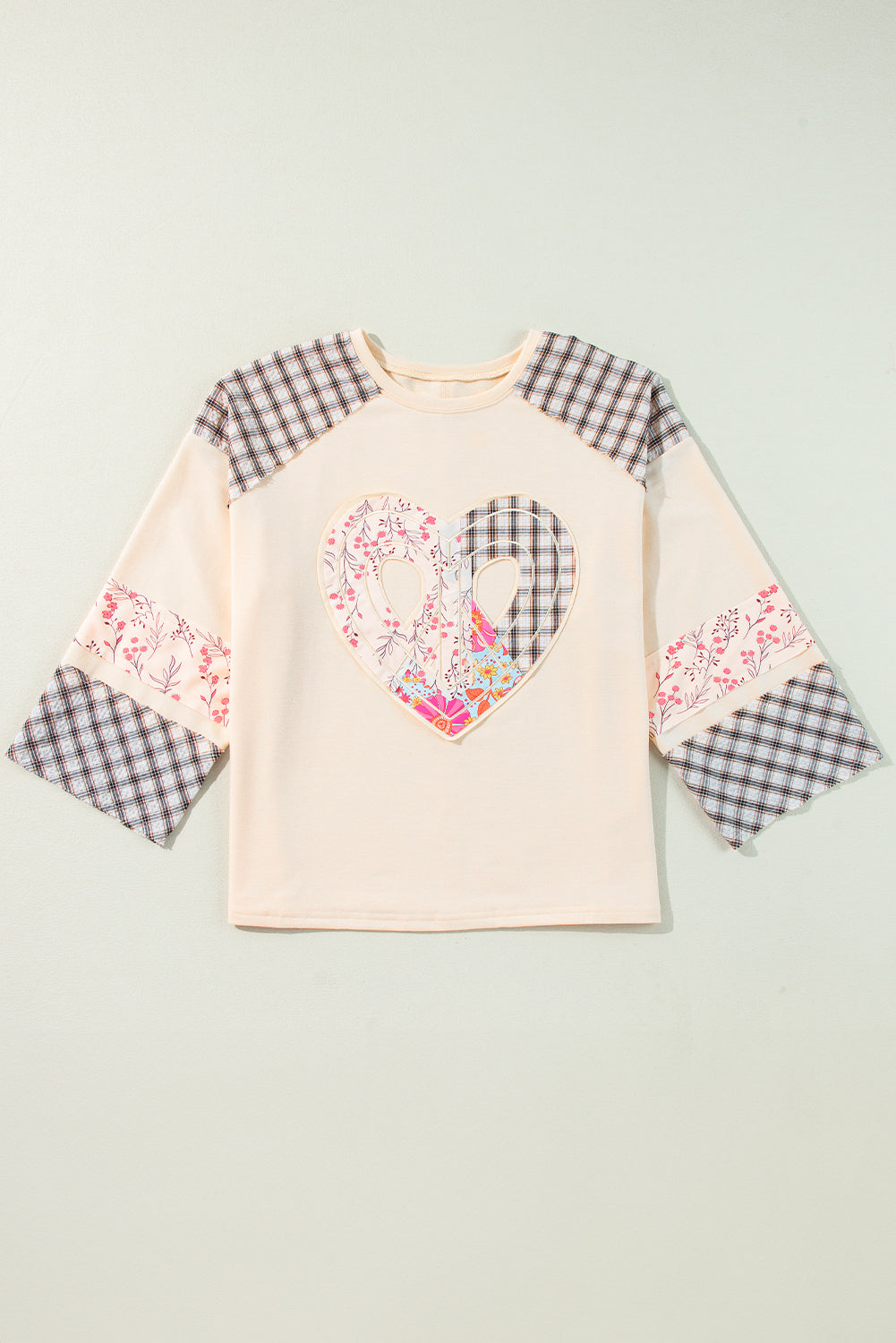 Aqua Plaid Floral Patchwork Heart Long Sleeve Top