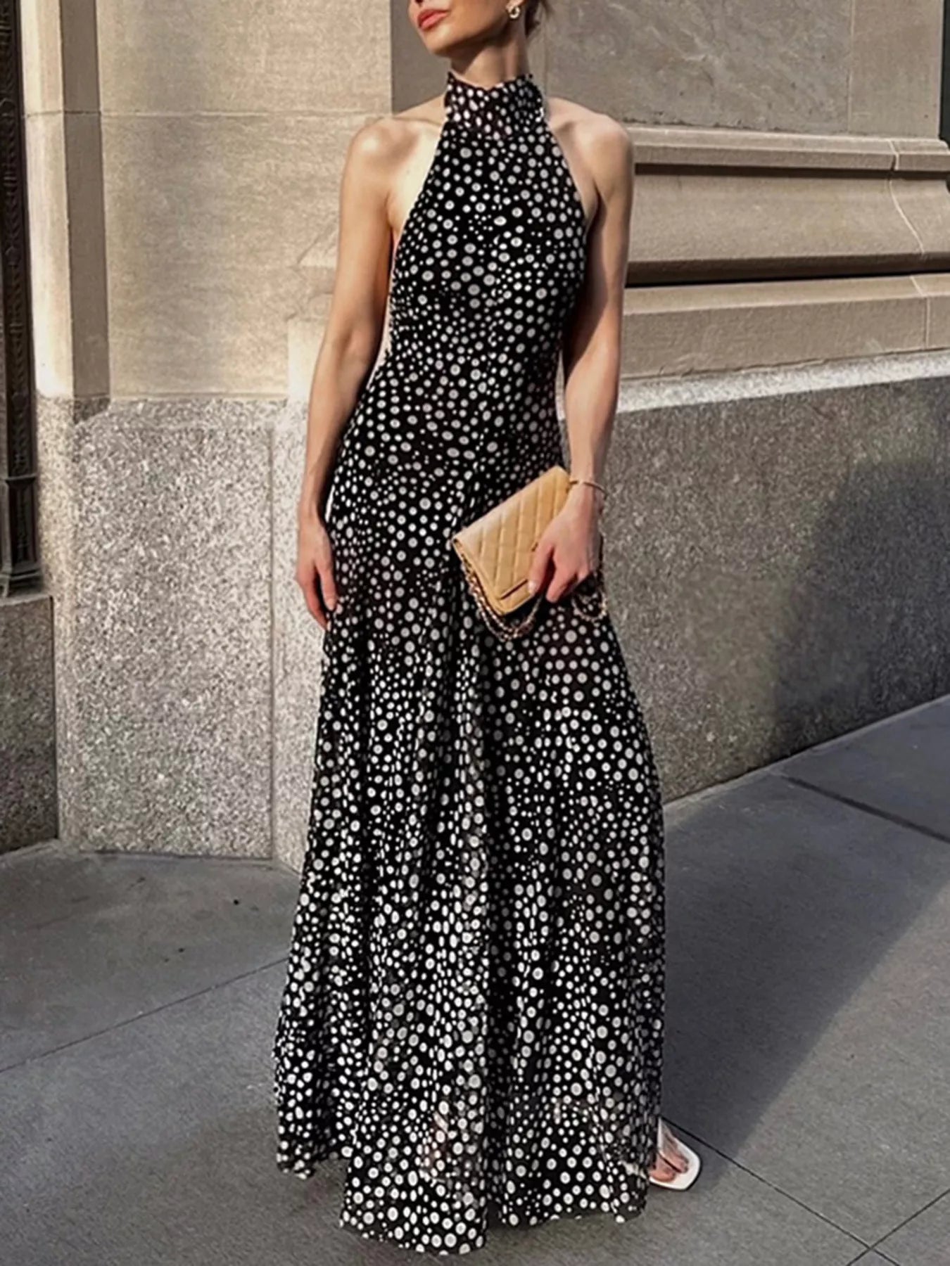Halter Neck Polka Dot Maxi Dress – Blue Zone Planet