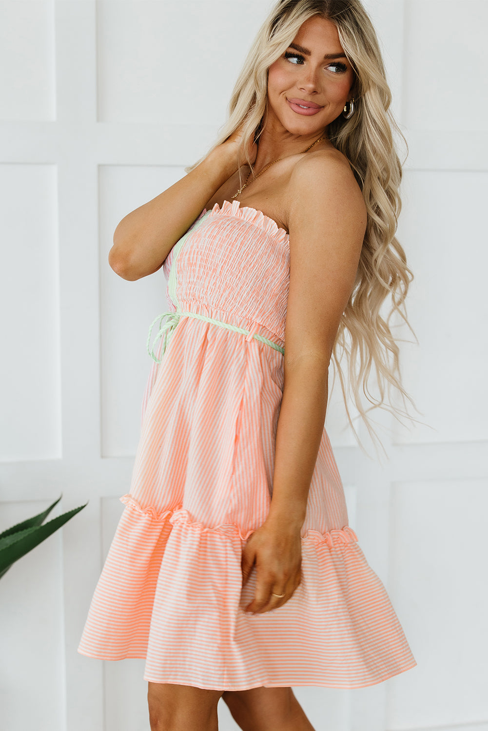Blue Zone Planet | Pink Stripe Color Block Smocked Button Front Frilled Strapless Mini Dress Blue Zone Planet