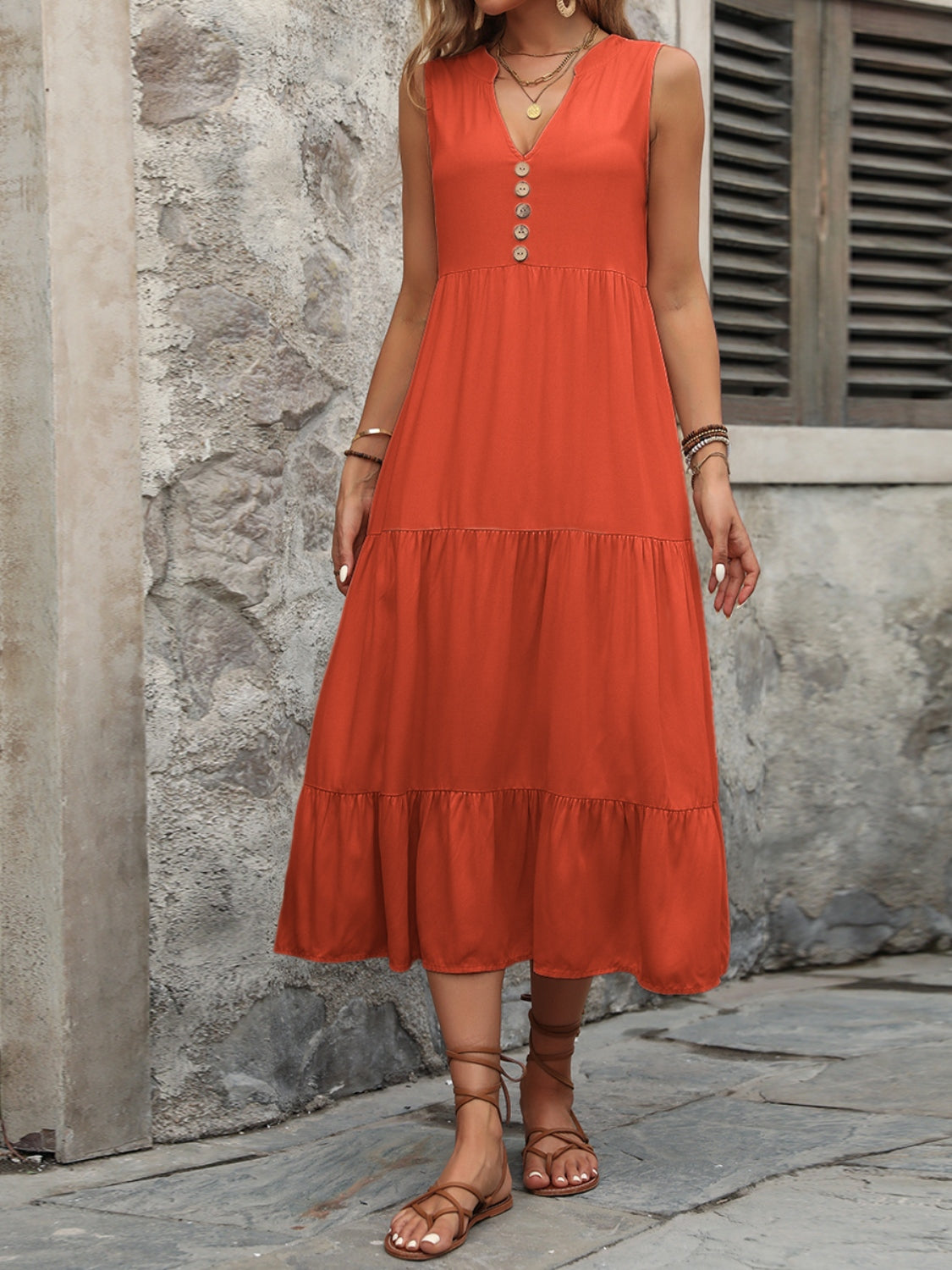 Blue Zone Planet | Decorative Button Notched Sleeveless Dress BLUE ZONE PLANET
