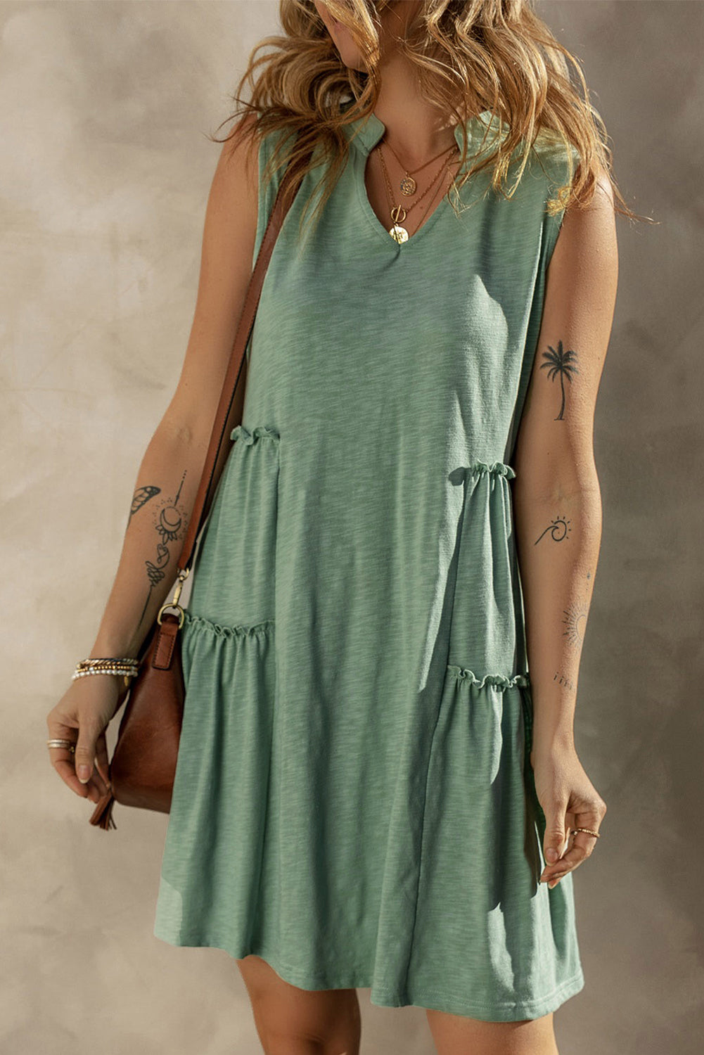Blue Zone Planet | Moonlight Jade Split V Neck Tiered Flowy Sleeveless Dress Blue Zone Planet