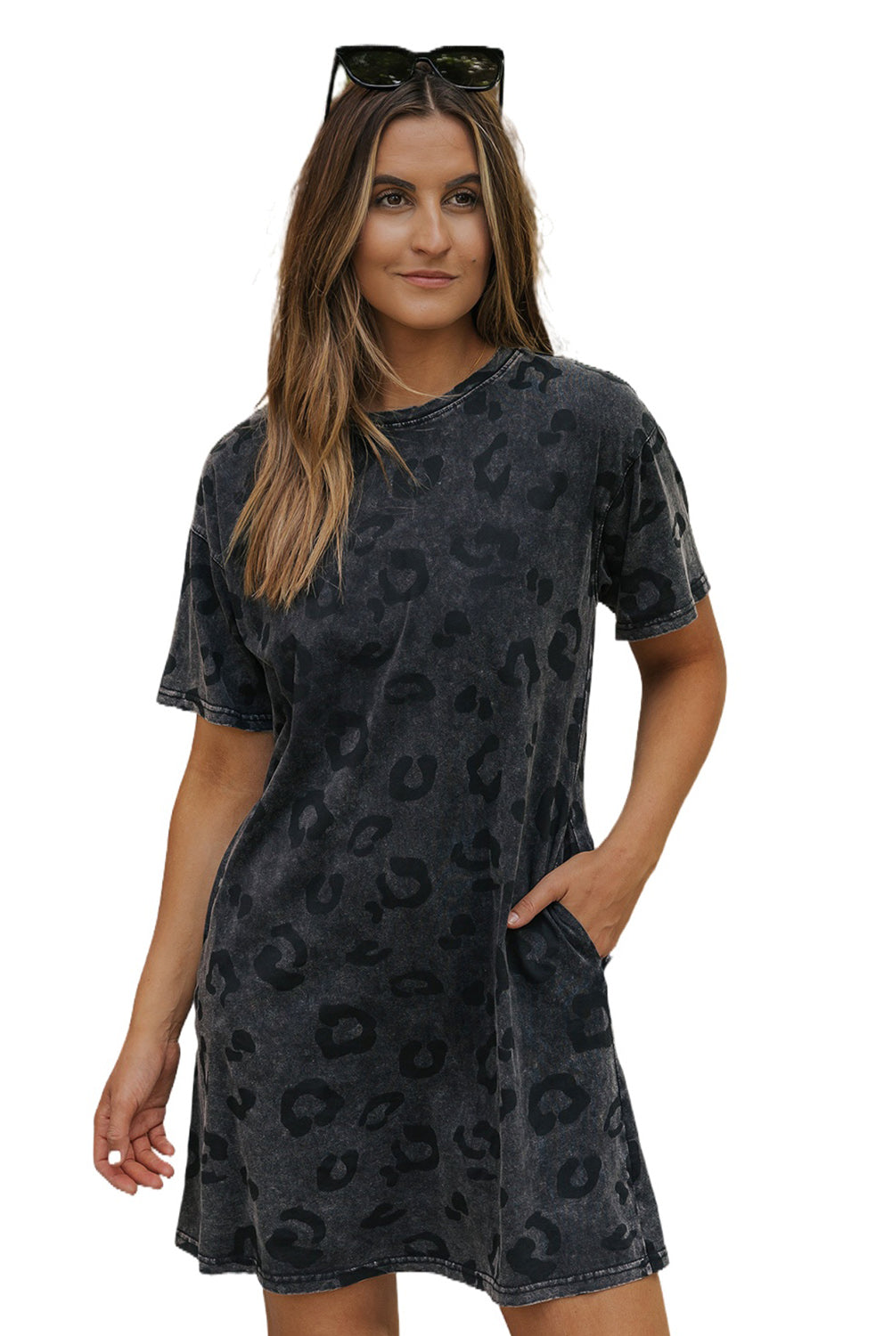 Blue Zone Planet | Gray Vintage Washed Leopard T-Shirt Dress with Pockets Blue Zone Planet