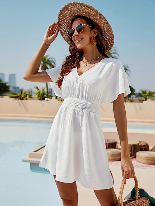 Blue Zone Planet |  Ava Elegance's Smocked V-Neck Short Sleeve Mini Dress BLUE ZONE PLANET