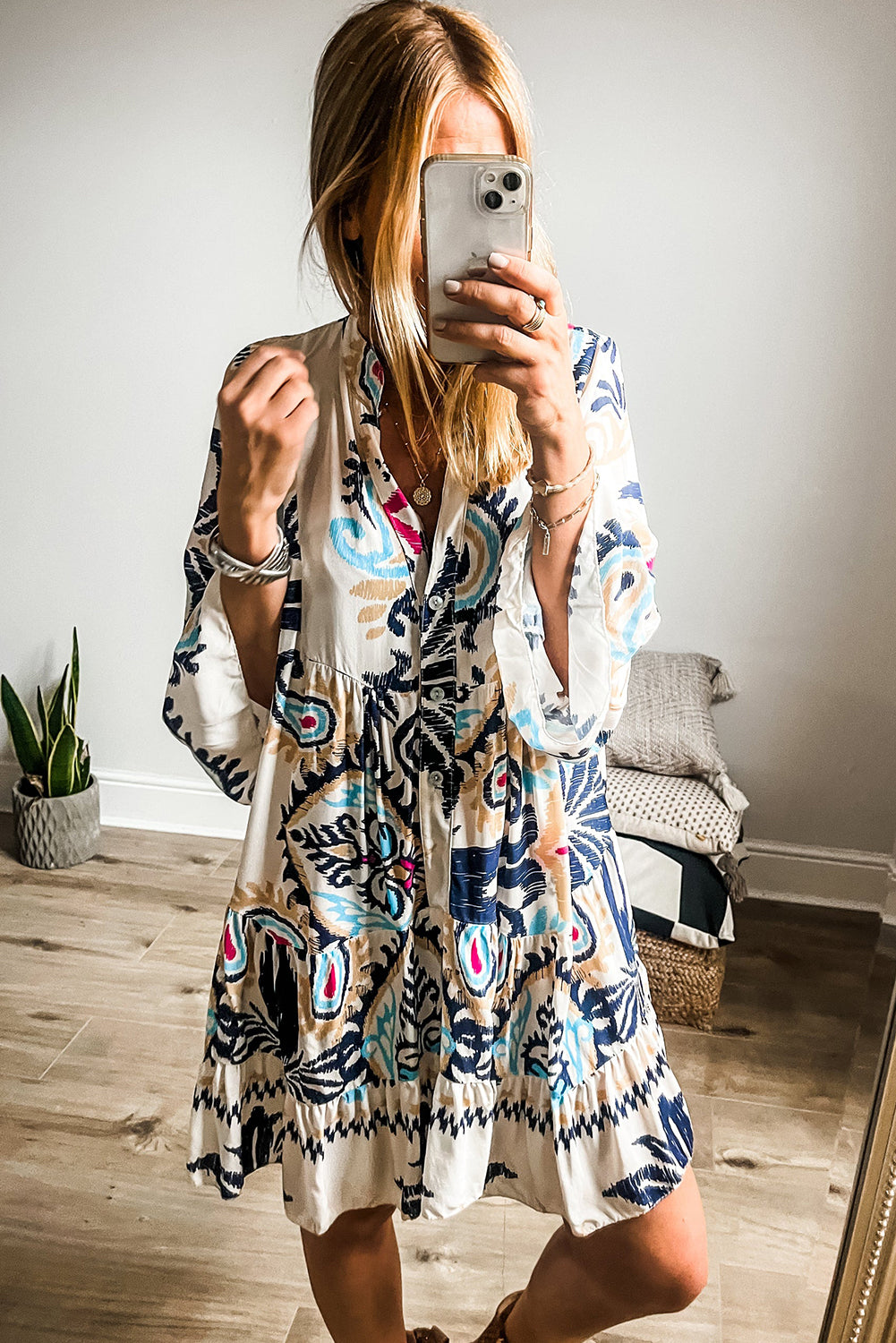 Blue Zone Planet | White Printed Tribal Print Bracelet Sleeve Buttoned Mini Dress Blue Zone Planet