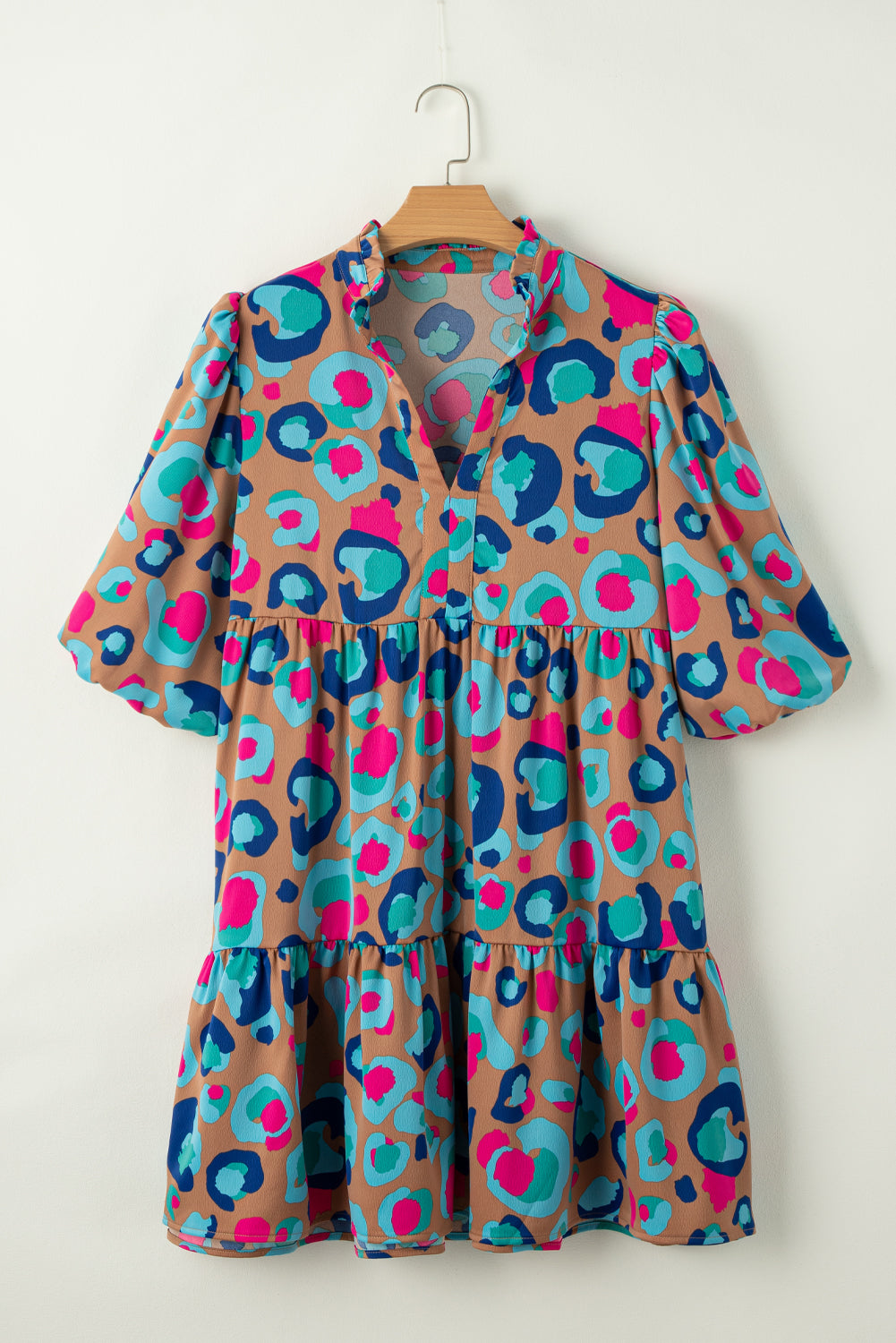 Blue Zone Planet | Green Leopard Print Bubble Sleeve Slit Neck Ruffled Dress Blue Zone Planet