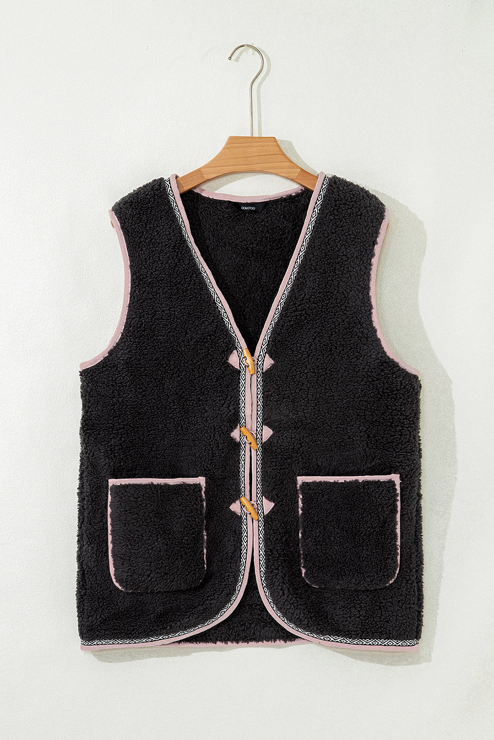 Dark Grey Sherpa Contrast Trim Patch Pocket Cartridge Toggle Button Vest