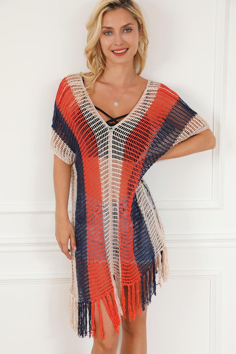 Blue Zone Planet | Tassel Color Block V-Neck Cover Up BLUE ZONE PLANET