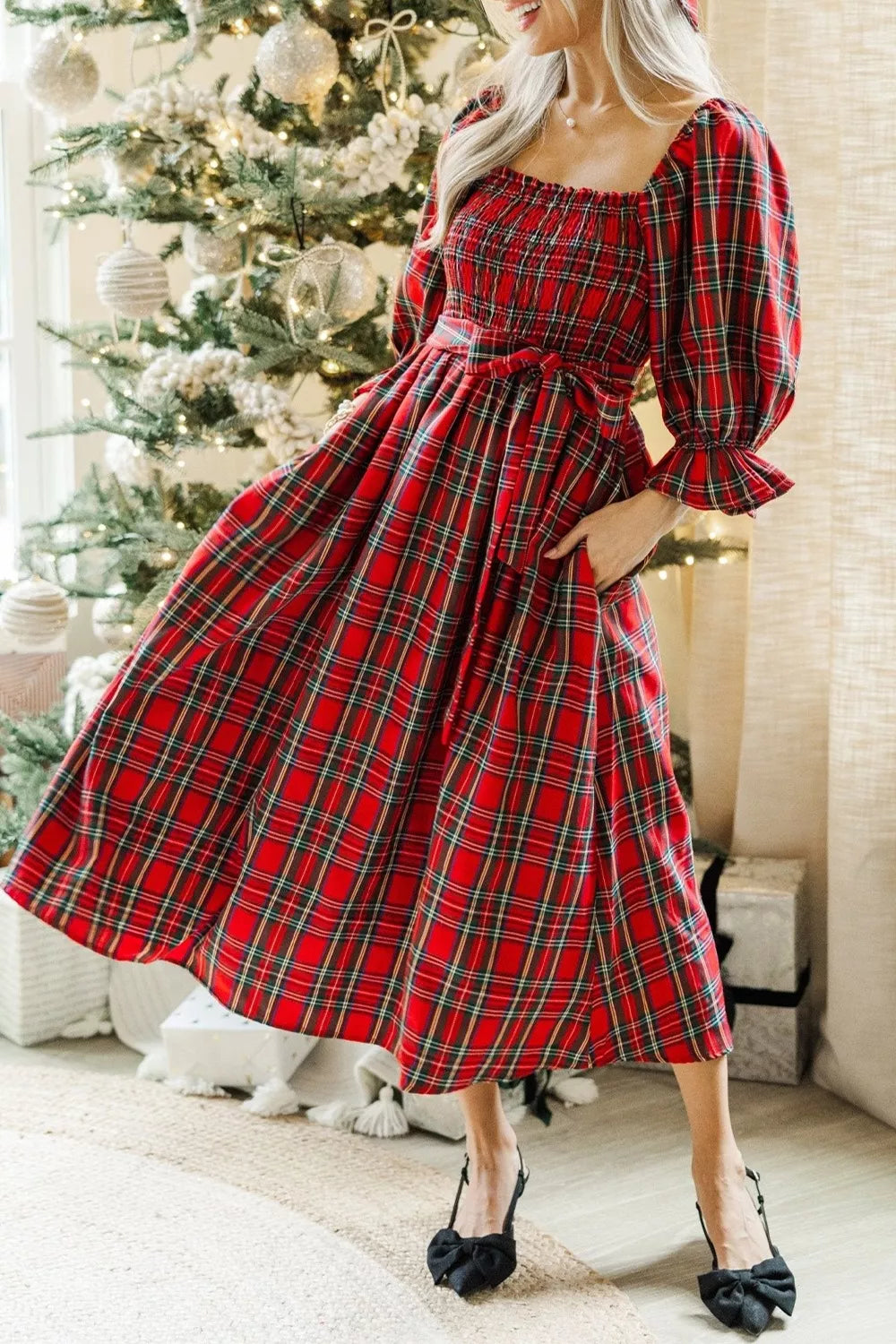 Red Tartan Plaid Smocked Square Neck 1/2 Puff Sleeve Tie Waist Midi Dress Red / XL / 75%Polyester+25%Cotton Red Tartan Plaid Smocked Square Neck 1/2 Puff Sleeve Tie Waist Midi Dress Red / XL / 75%Polyester+25%Cotton