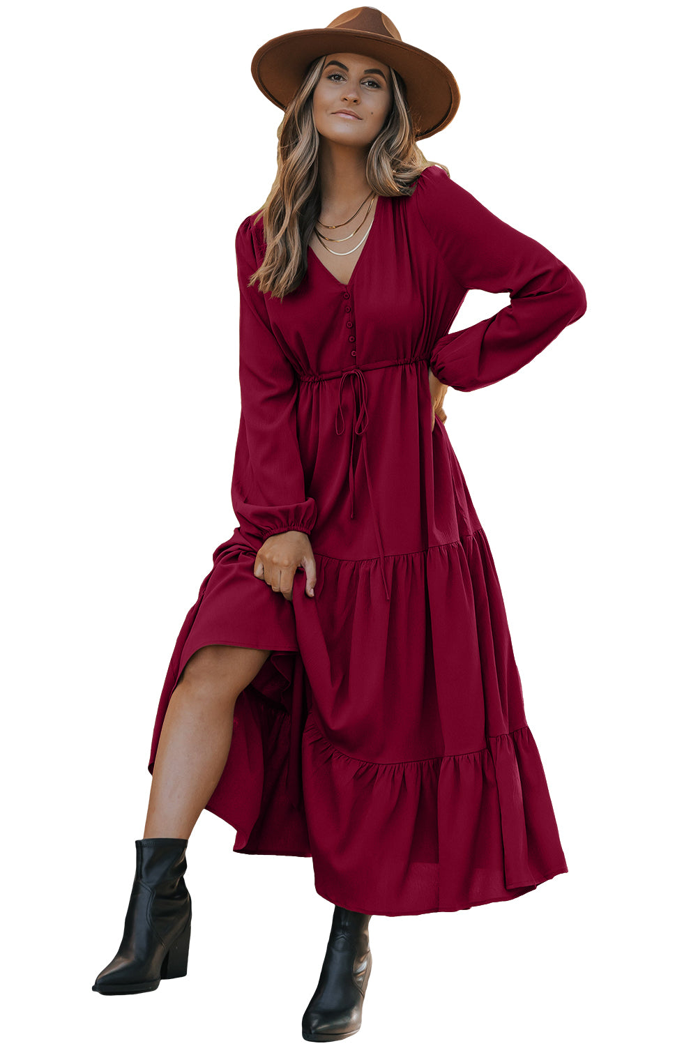 Burgundy Solid Long Sleeve Button V Neck Tiered Maxi Dress