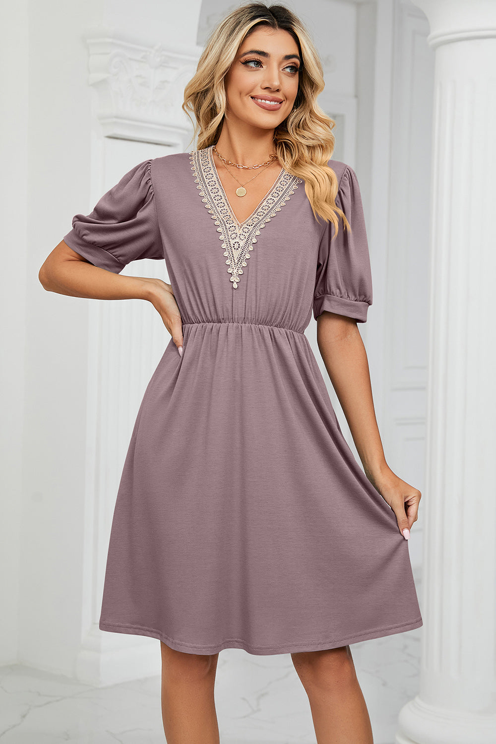 Blue Zone Planet | V-Neck Puff Sleeve Dress BLUE ZONE PLANET