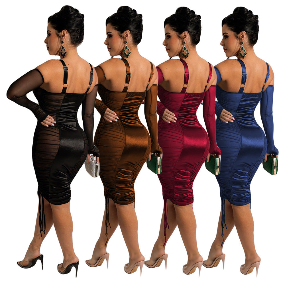 Color Ding Mesh Stitching Sexy Clubwear Party Bodycon Midi Dress Blue Zone Planet