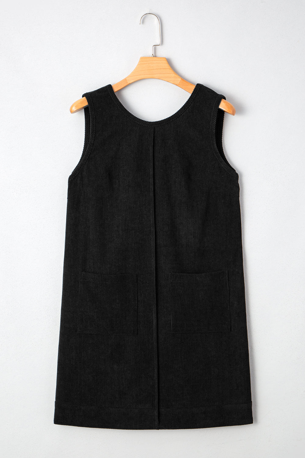 black corduroy mini dress Black Corduroy Sleeveless Mini Dress With Patched Pockets