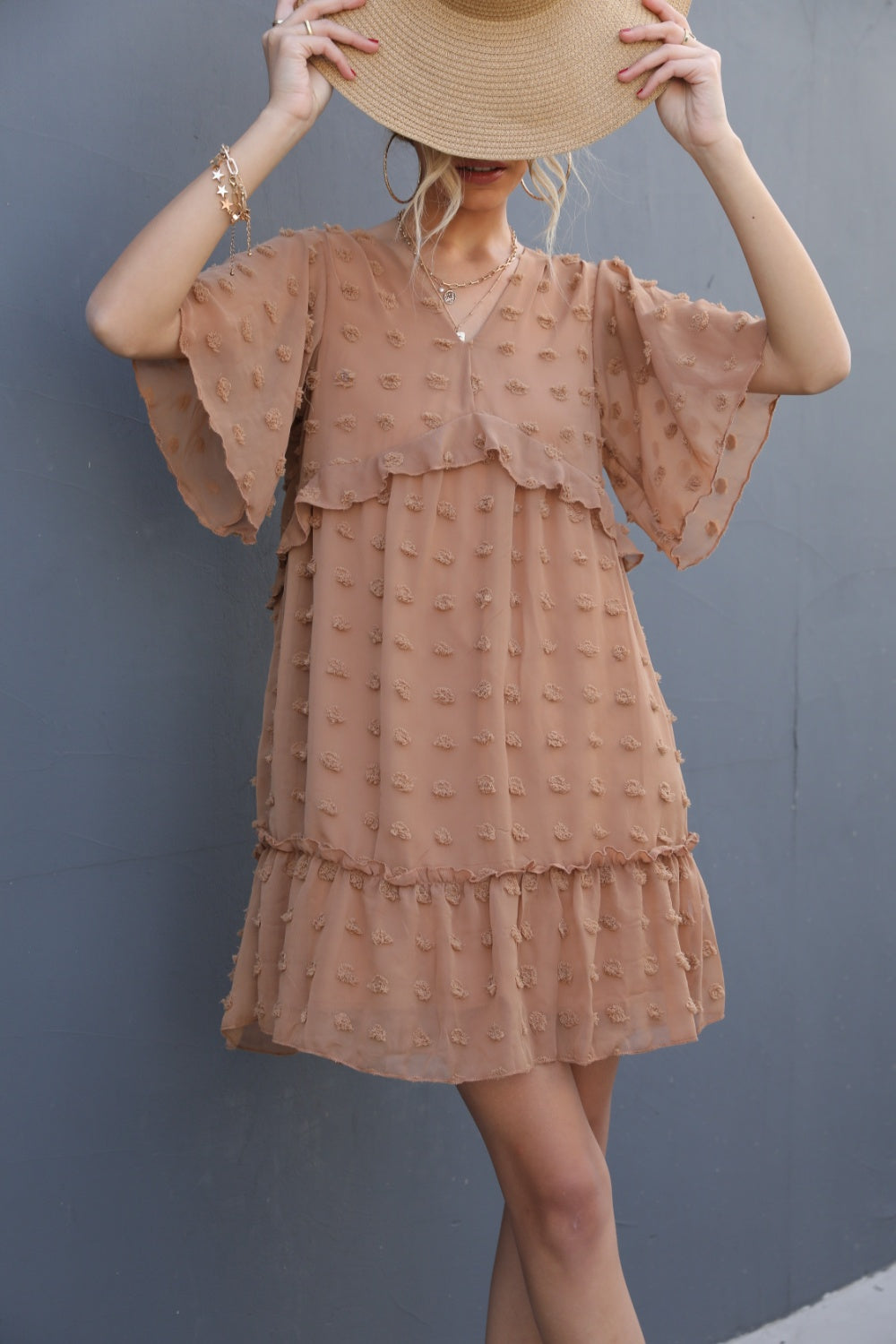 Blue Zone Planet | Swiss Dot V-Neck Flutter Sleeve Mini Dress BLUE ZONE PLANET