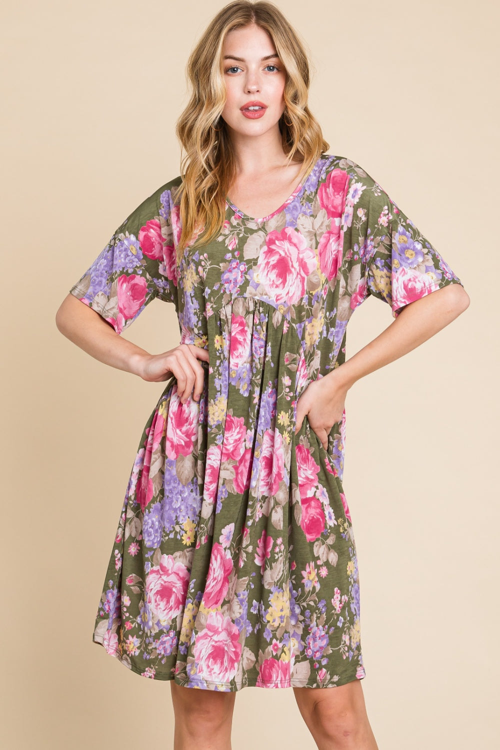Blue Zone Planet | BOMBOM Flower Print V-Neck Ruched Dress BLUE ZONE PLANET