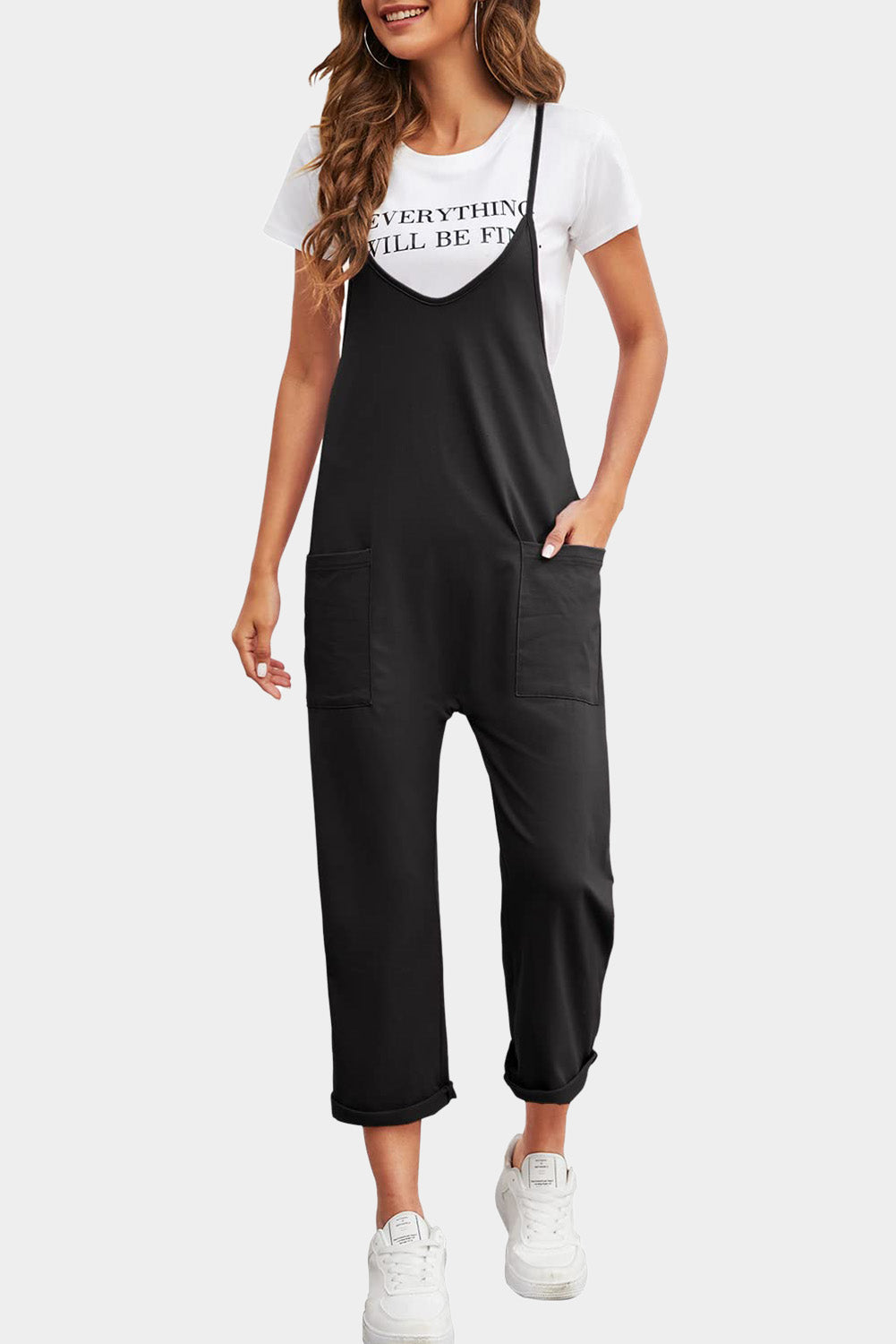 Rose Red Black Pocketed Adjustable Spaghetti Strap Straight Leg Jumpsuit Blue Zone Planet