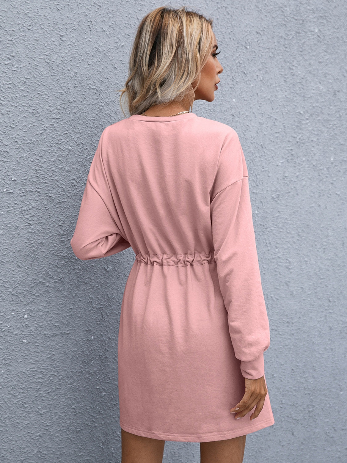 Blue Zone Planet | Drawstring Round Neck Dropped Shoulder Mini Dress BLUE ZONE PLANET
