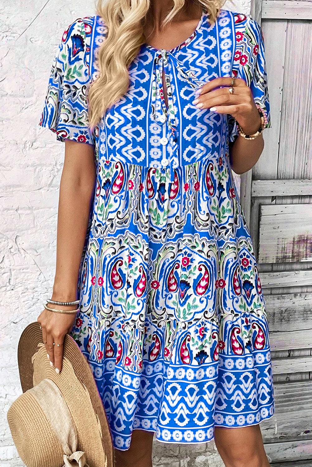 Blue Zone Planet | Sky Blue Bohemian Print Tie Neck Ruffle Hem Short Dress Blue Zone Planet