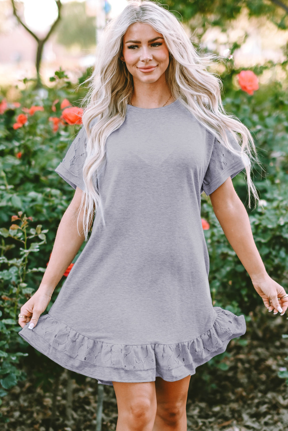 Light Grey Lace Floral Patchwork Ruffled T-shirt Dress Blue Zone Planet