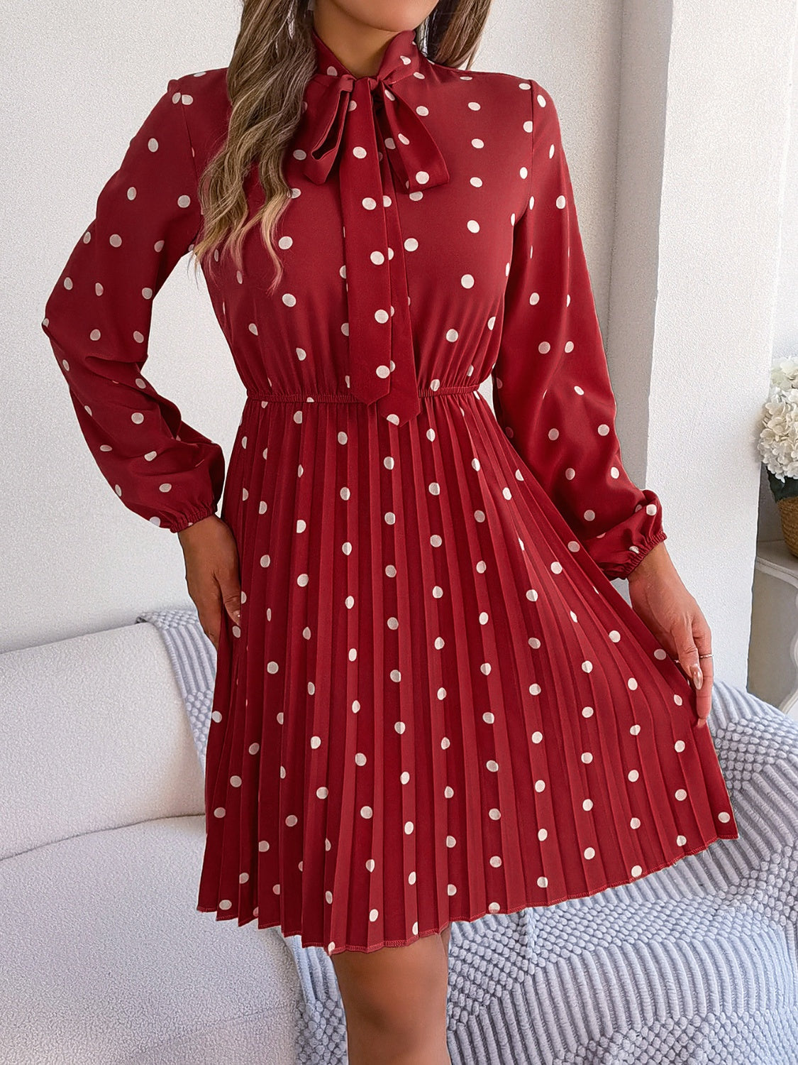 Polka Dot Tie Neck Pleated Dress BLUE ZONE PLANET