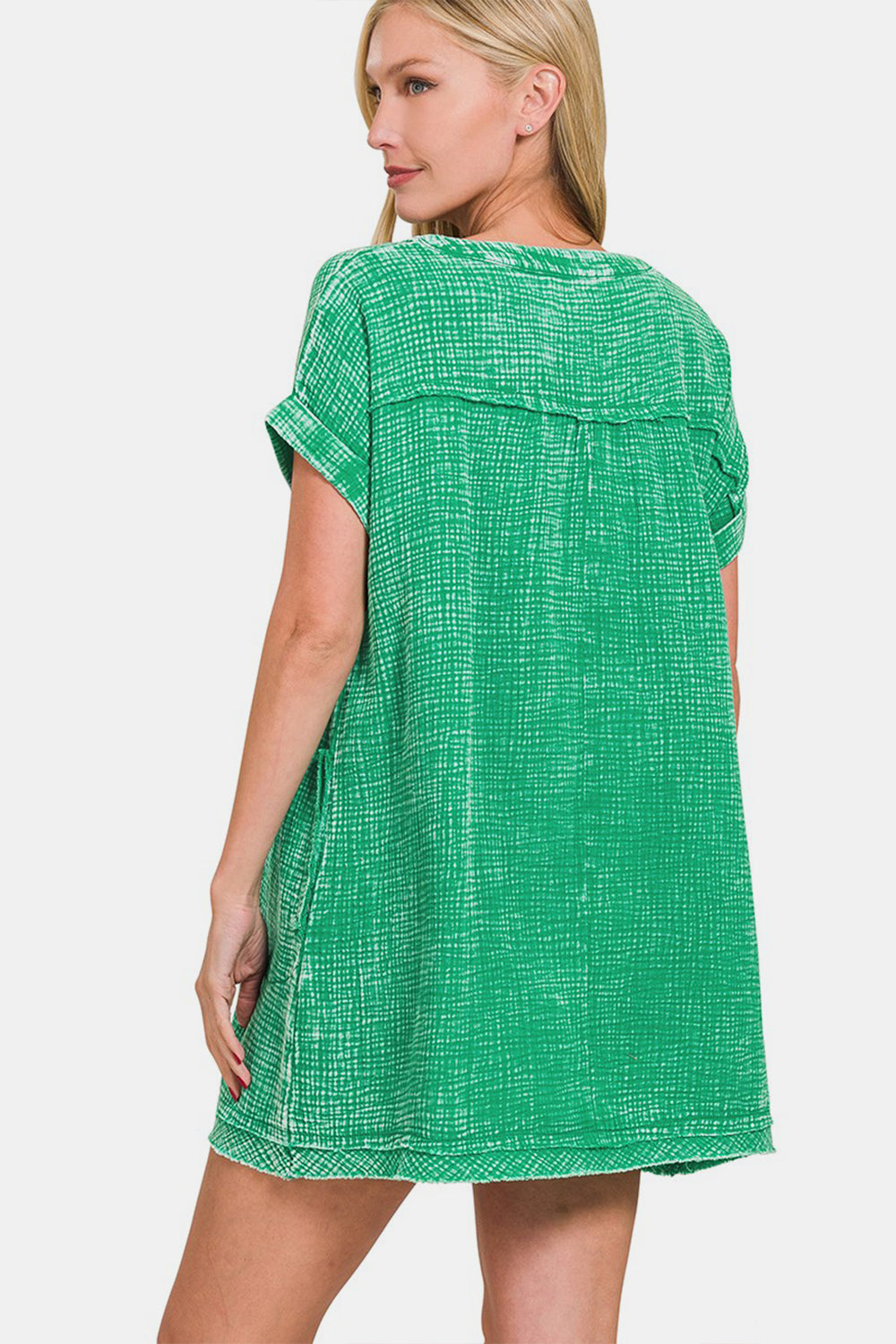 Blue Zone Planet | Zenana Washed Notched Short Sleeve Mini Dress BLUE ZONE PLANET