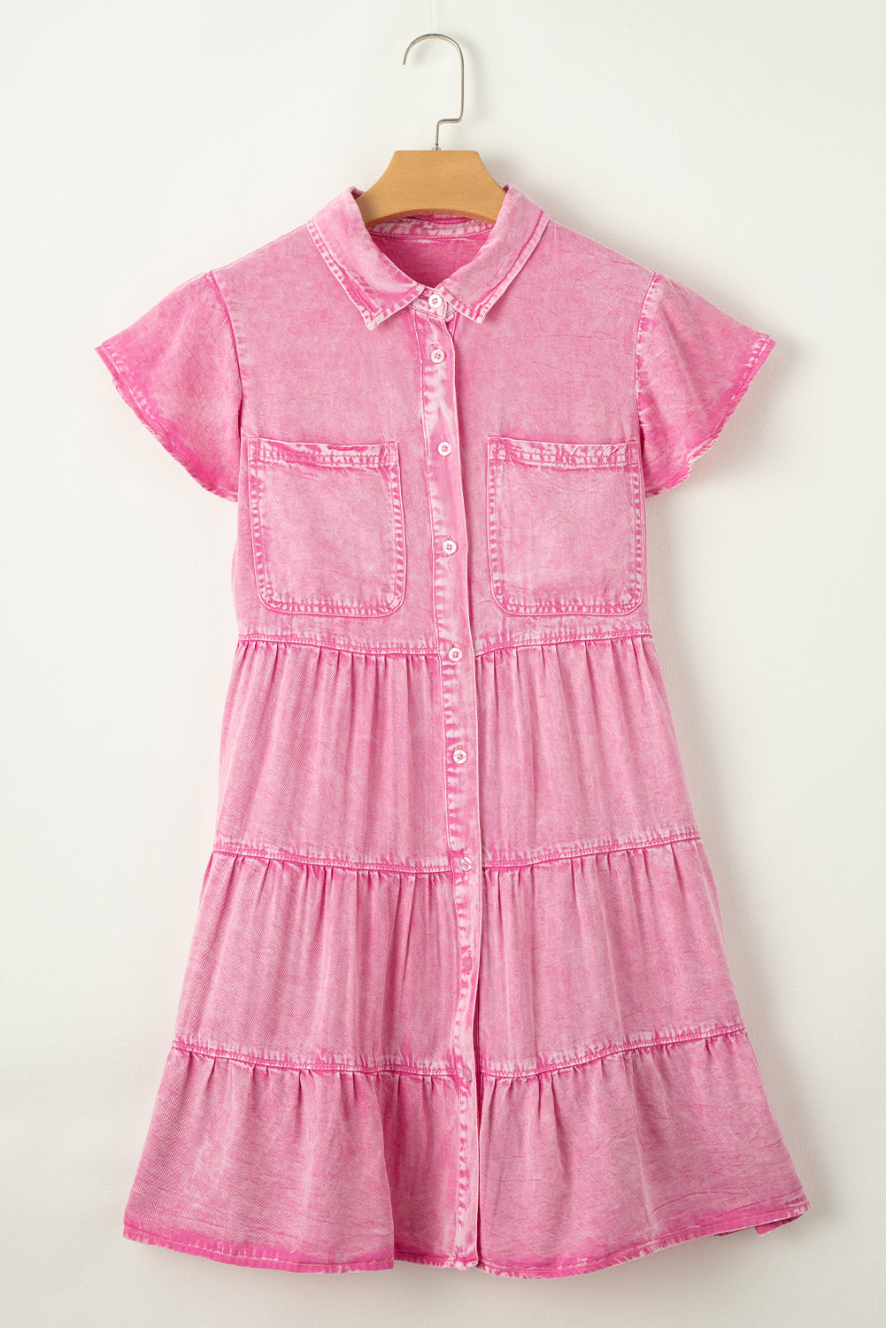 Bonbon Mineral Washed Ruffle Sleeve Tiered Chambray Dress Blue Zone Planet