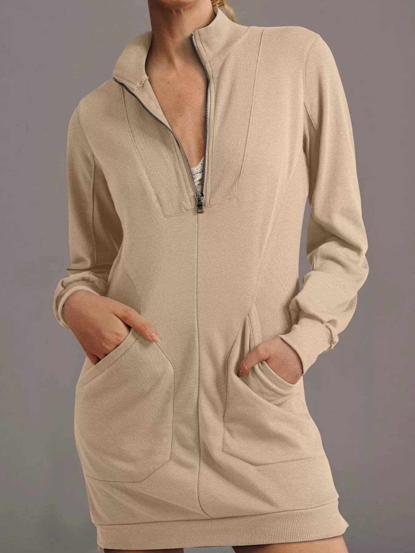 Zip Up Collared Ribbed Patchwork Sweatshirt Dress with Pockets Khaki / XL by Blue Zone Planet