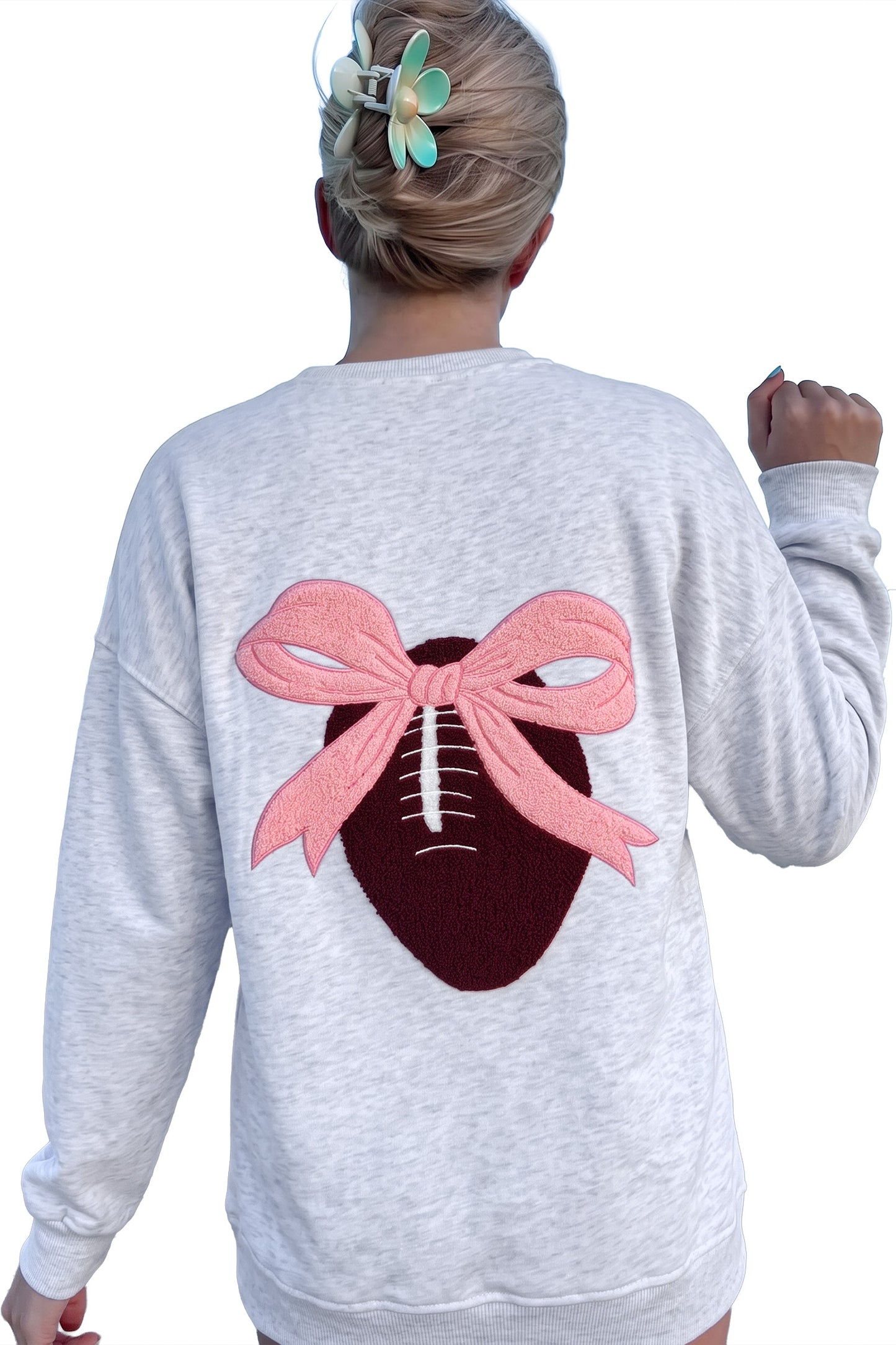 Light Grey Embroidered Football Bow Back Long Sleeve Sweatshirt