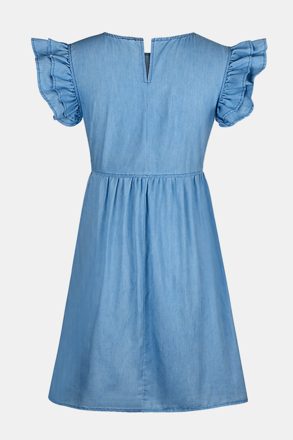 Blue Zone Planet | Clara's Full Size Ruffled Round Neck Cap Sleeve Denim Mini Dress BLUE ZONE PLANET