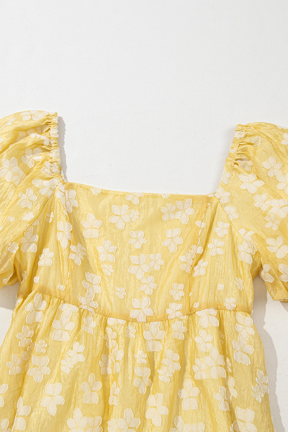 Yellow Boho Flower Jacquard Puff Sleeve Square Neck Mini Dress Blue Zone Planet